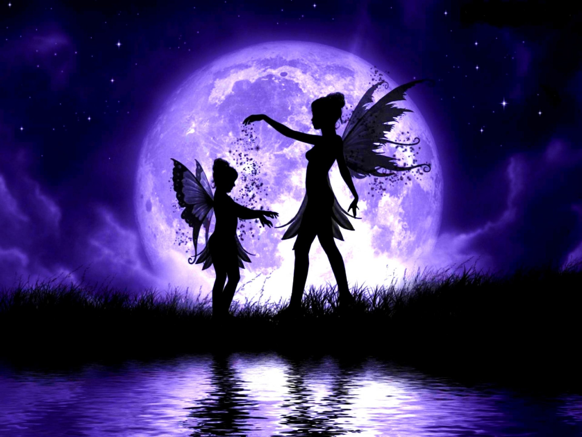 fairies girl child wings lake water grass night sky clouds star moon