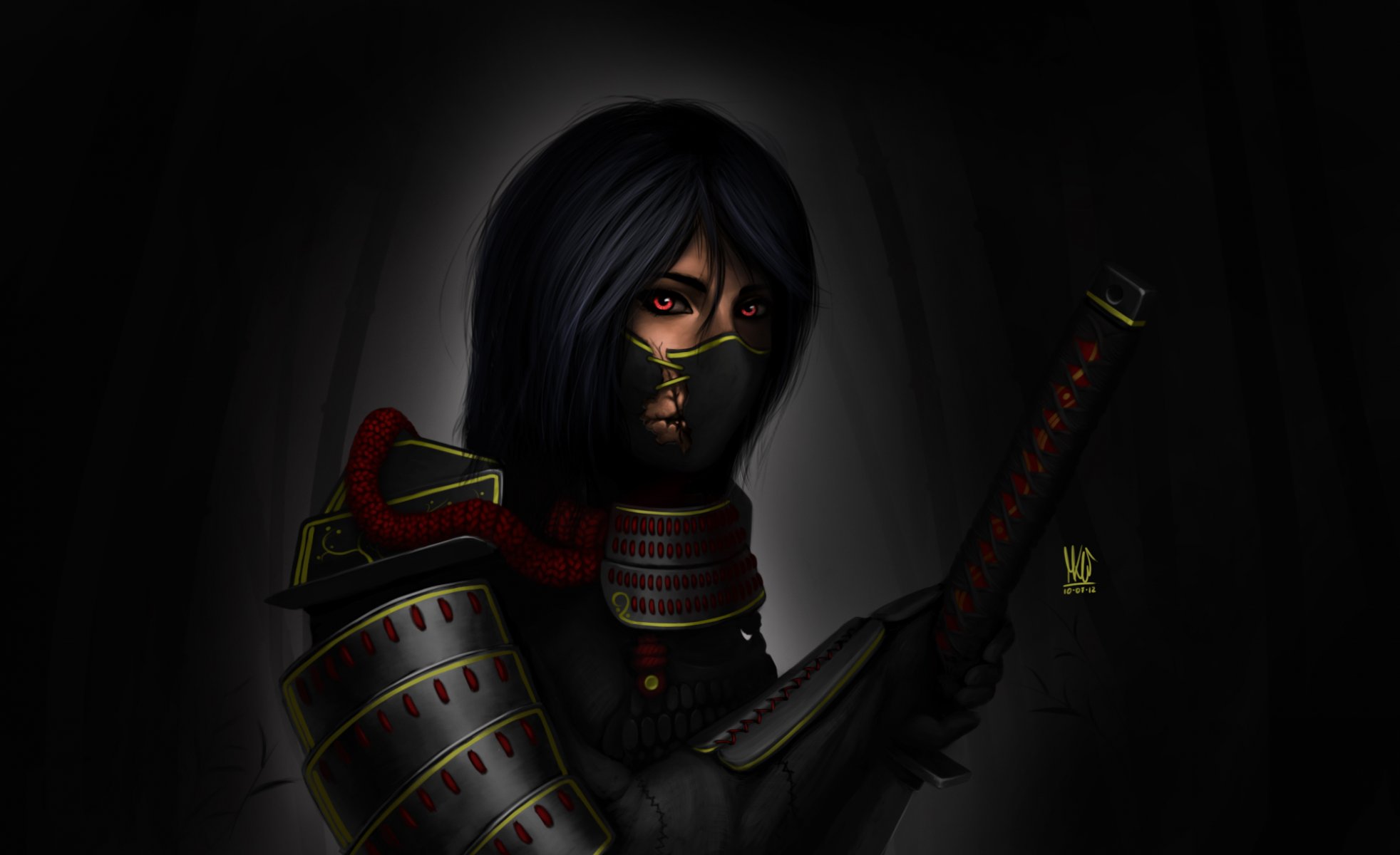 arte chica samurai armadura fondo oscuro diadema mango espada katana