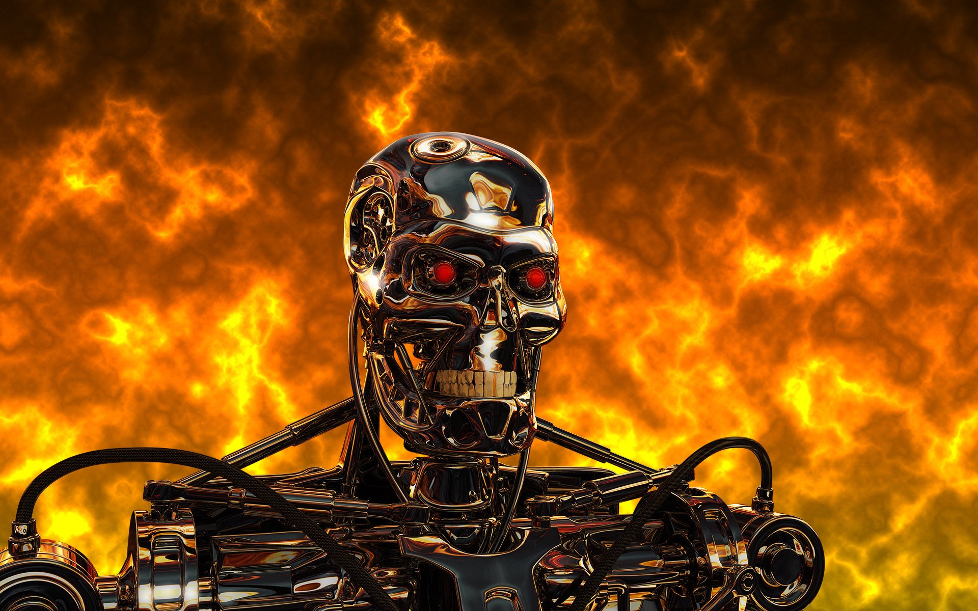 terminator t-800 robot cyborg acciaio metallo fuoco