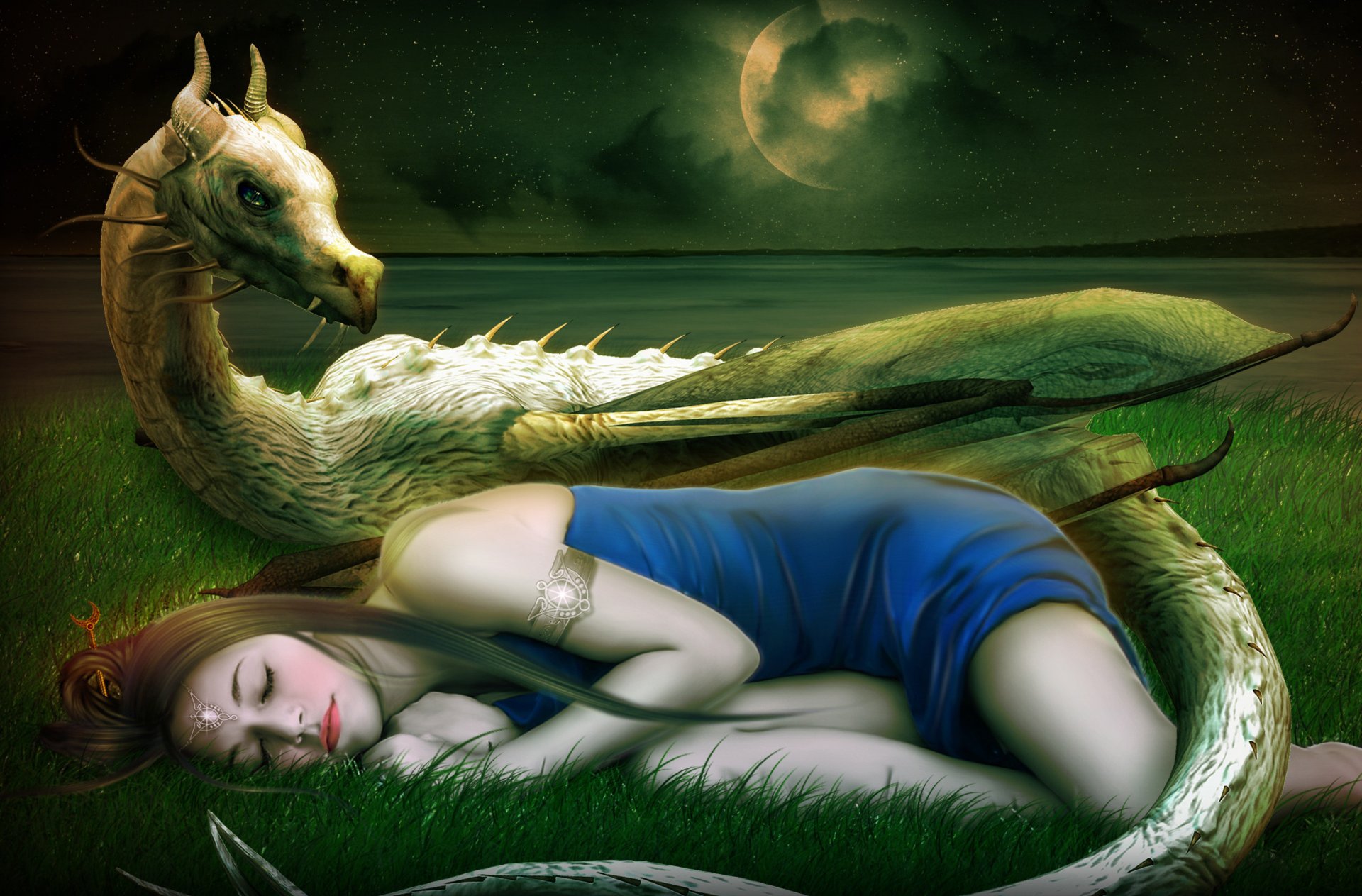 fiction art fille visage dormir sommeil décoration robe dragon cornes travanebo lune étoiles