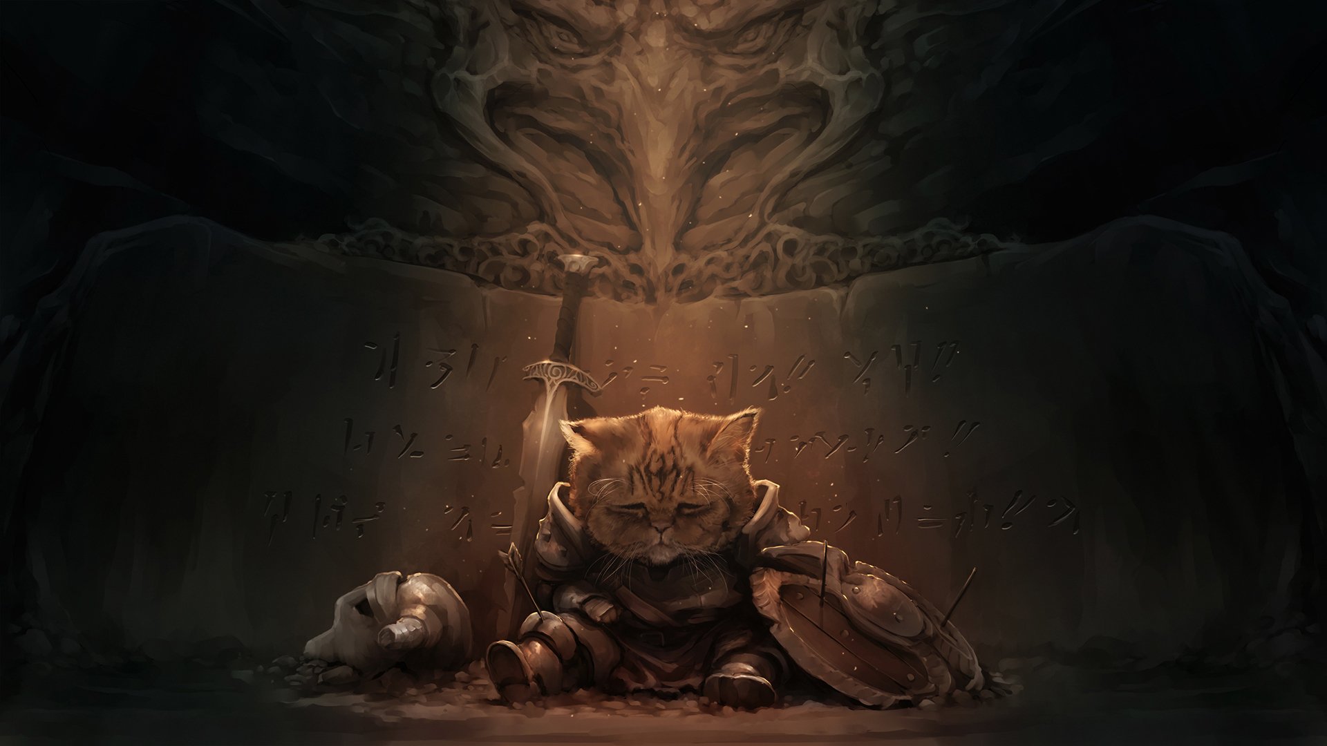 gatto spada casco avventura scuro skyrim arte tristezza