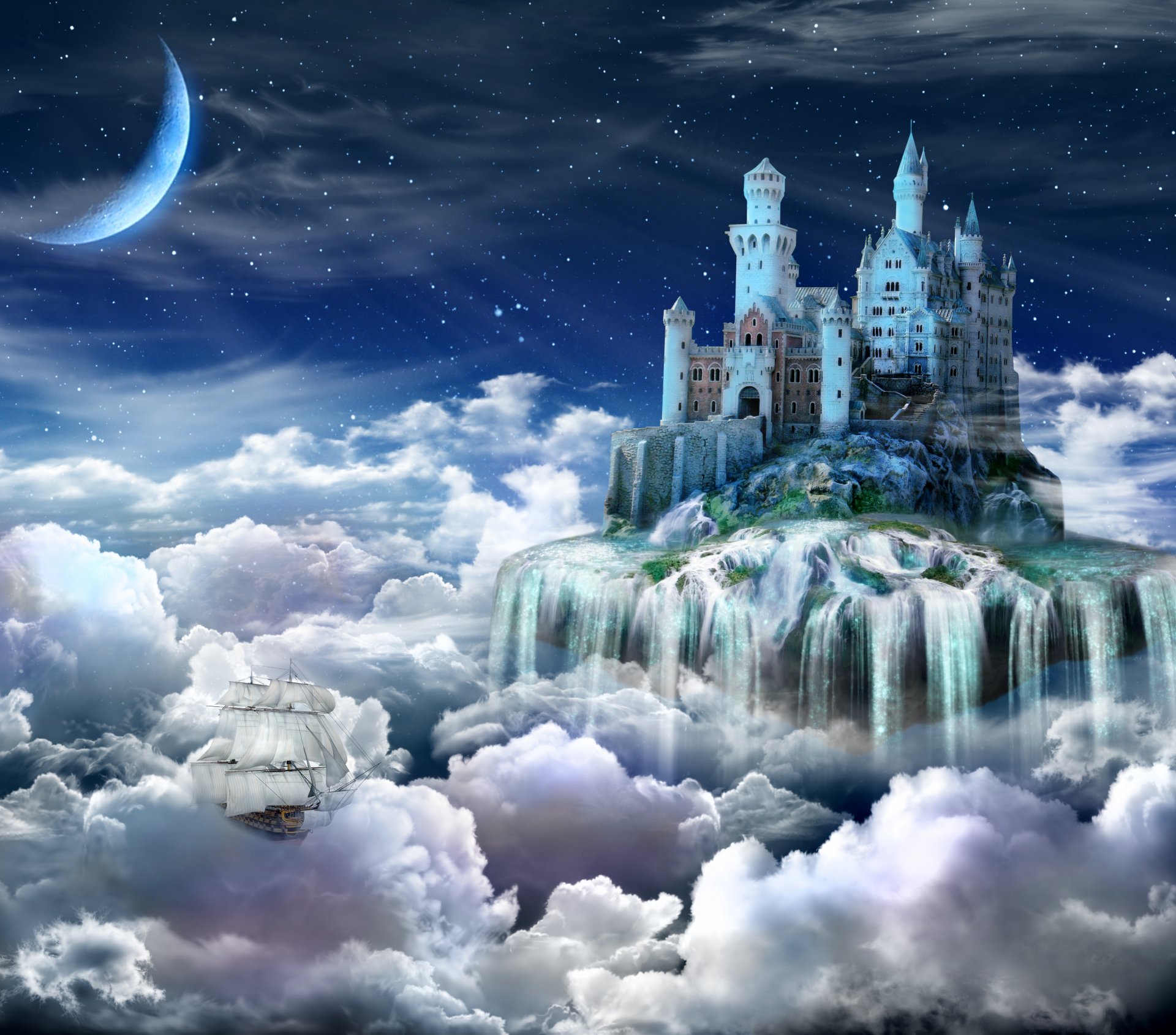 noche castillo cuento de hadas nubes