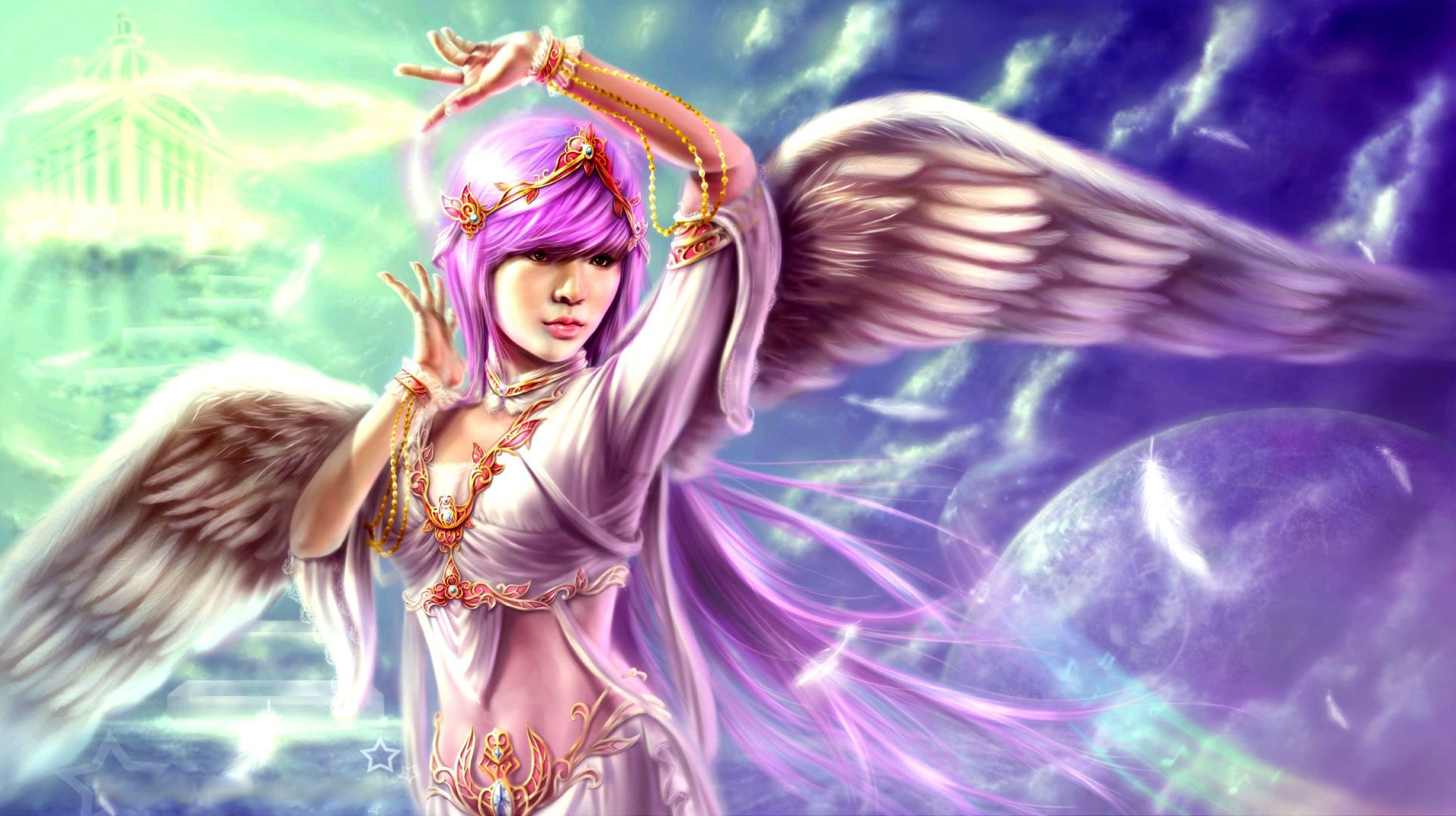 fille ange ailes plumes robe cheveux long ciel nuages planète vol