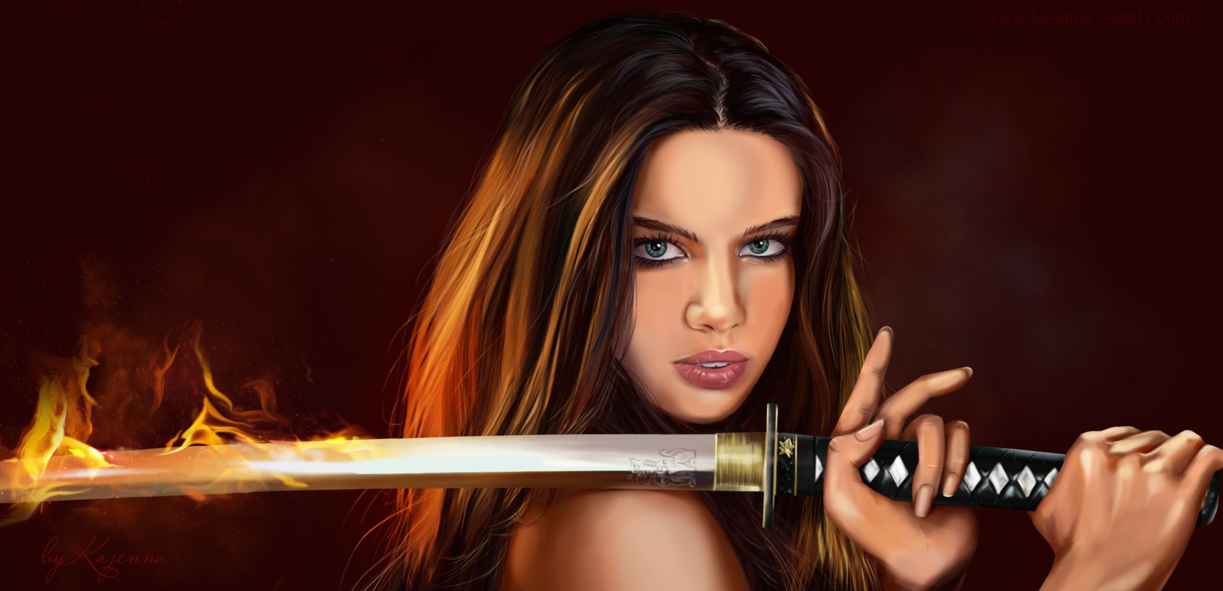 art girl face view eyes hair hands katana weapon fire