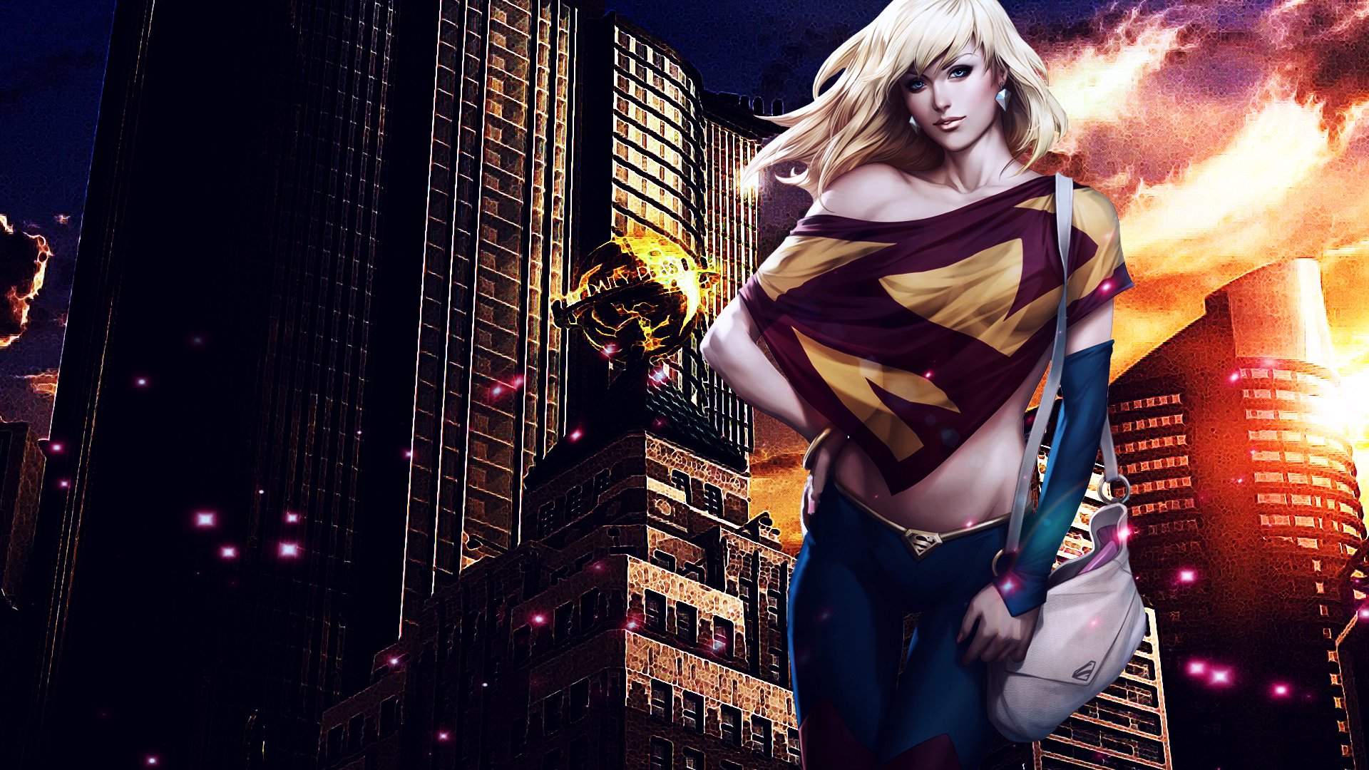 upergirl dc comics girl . sight. hair bag background town