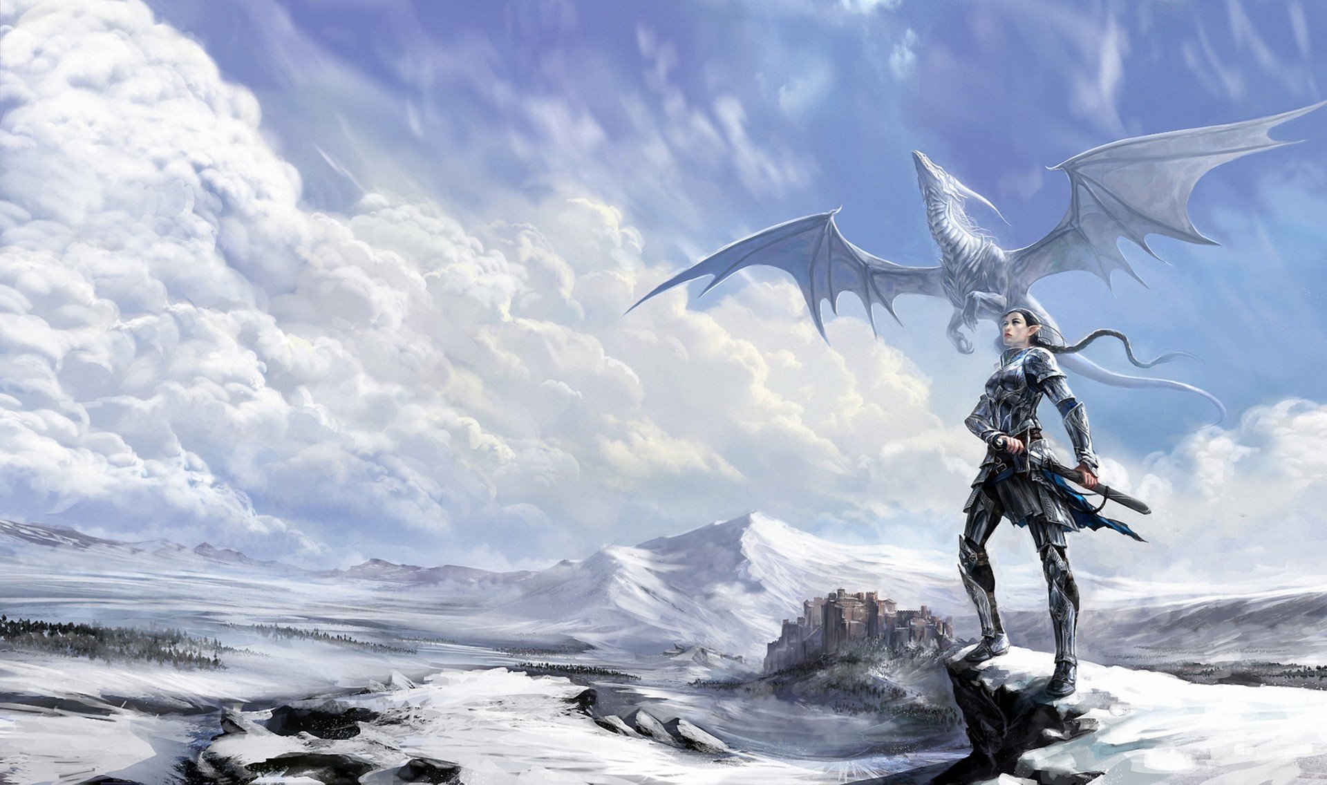 art anndr girl elf fantasy castle dragon rock snow winter clouds wind