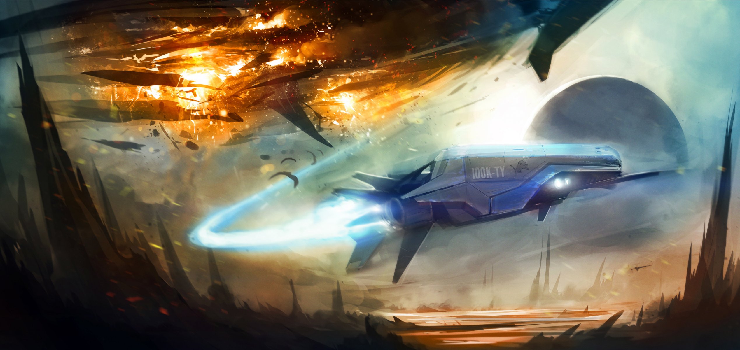 art combat explosion trace planète roches avion