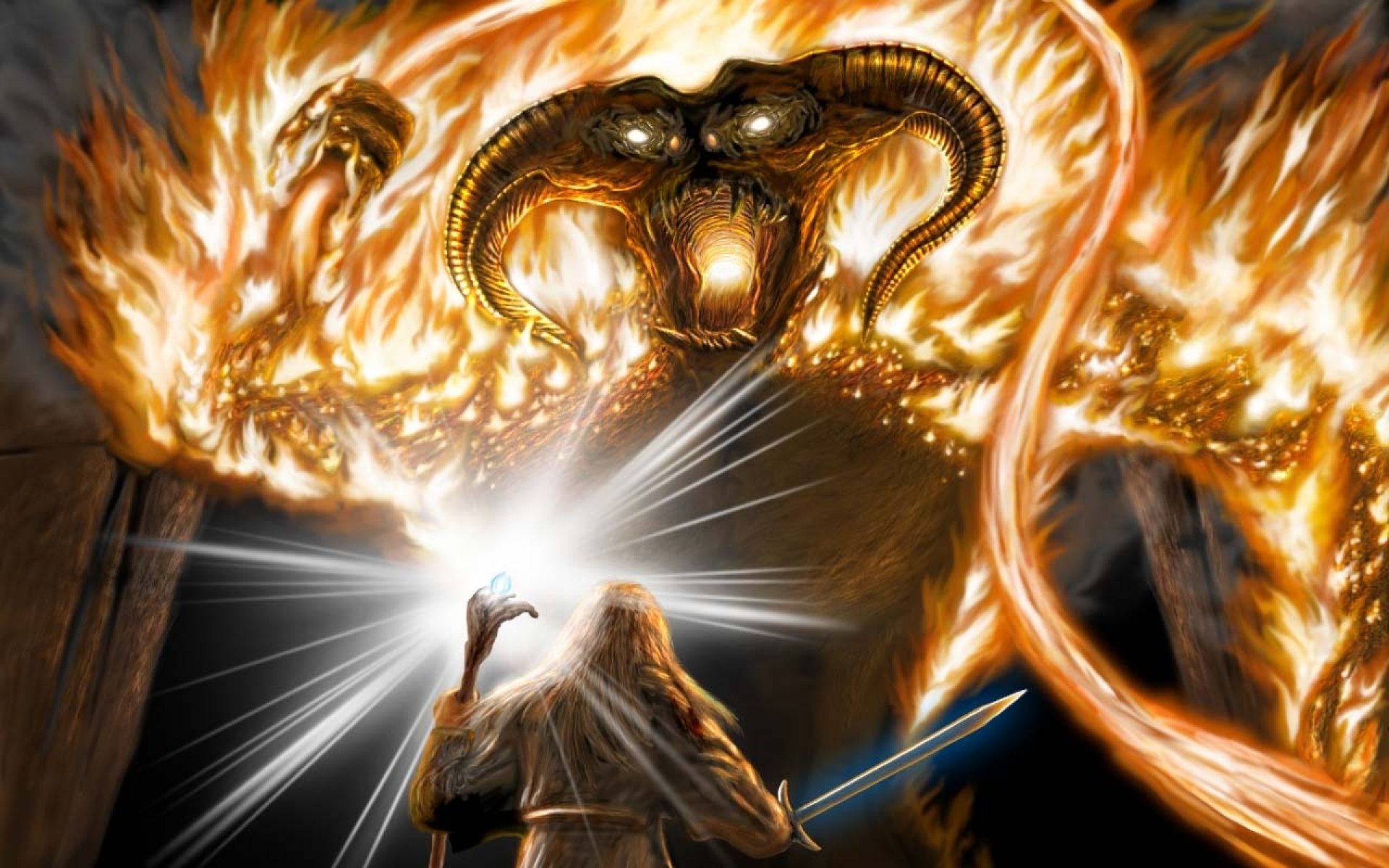 arte el señor de los anillos moria gandalf balrog balrog batalla bastón espada