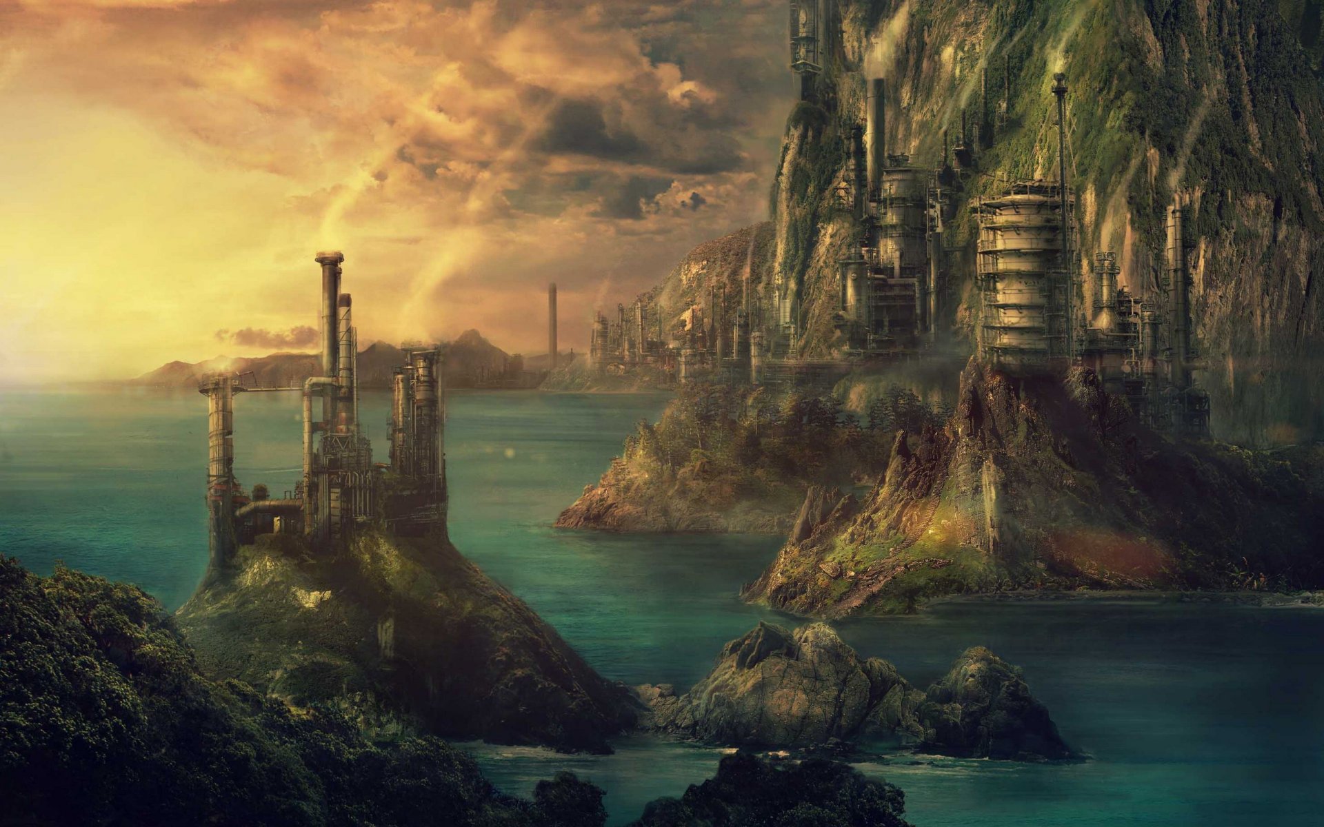 technopolis pulpoglow fantasy art city buildings sea landscape art steampunk