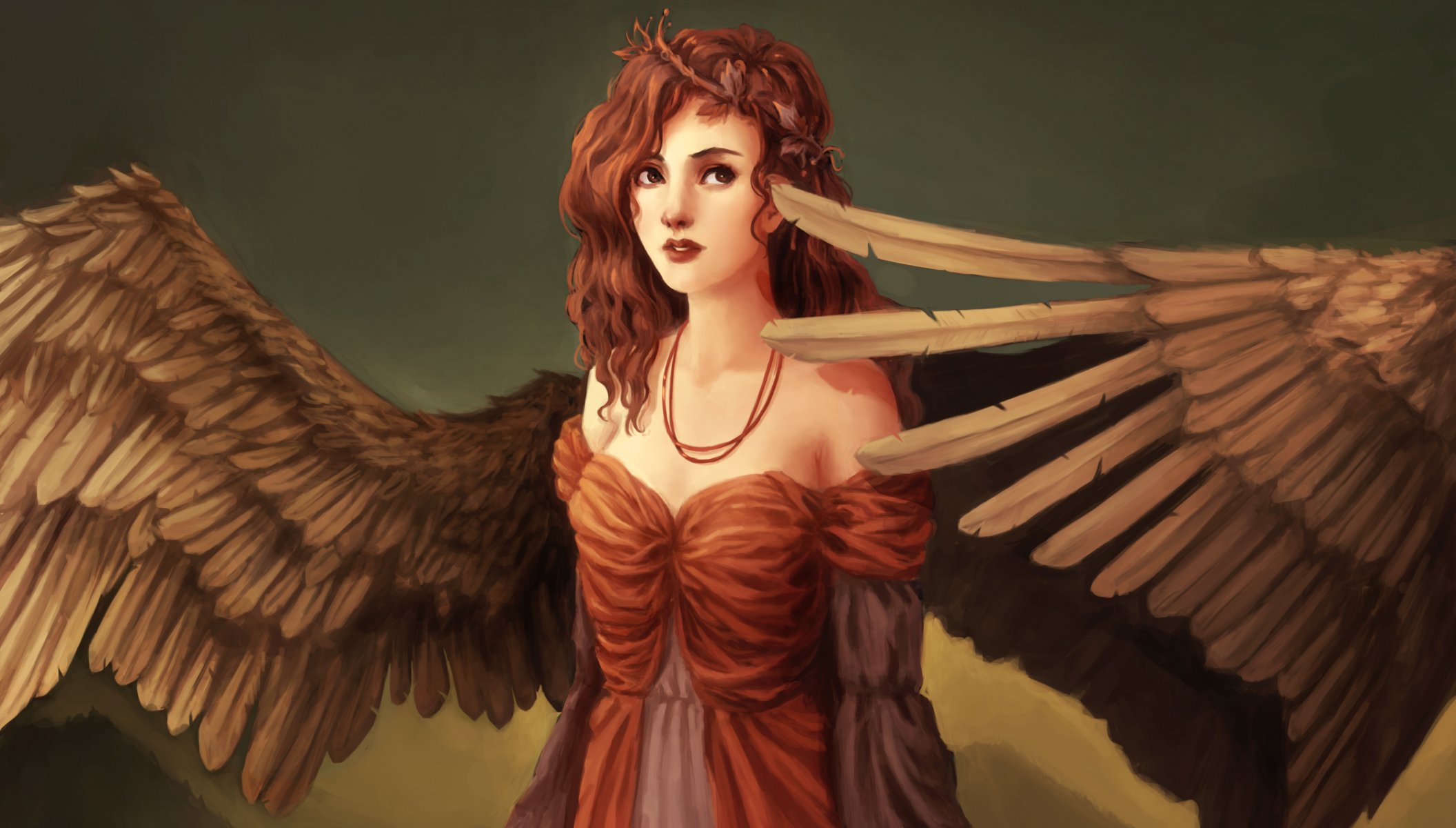 fiction art girl wings angel dress face view eyes hair red curl