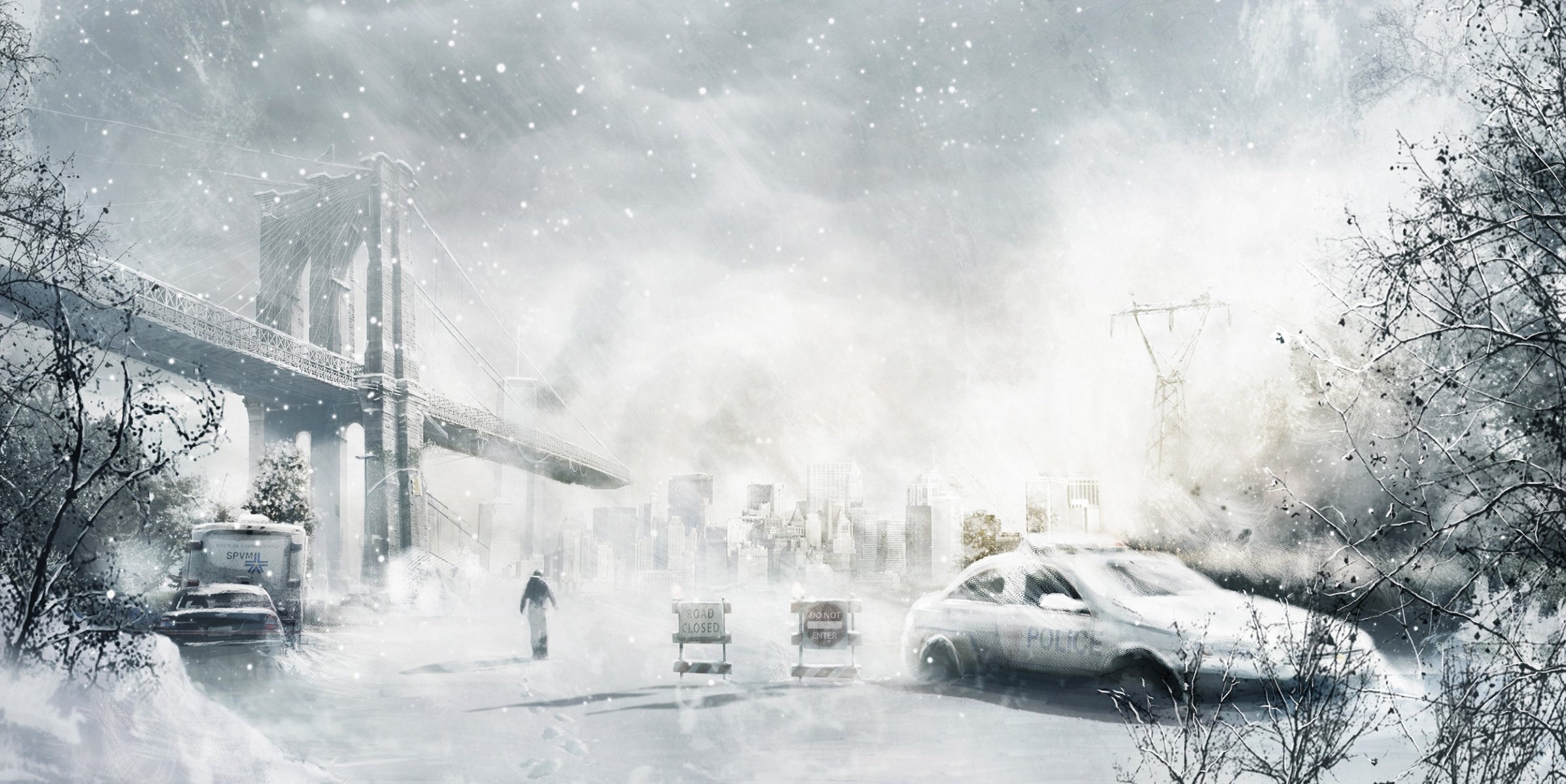 arte ciudad máquina hombre invierno nieve post-apocalipsis puente ruinas