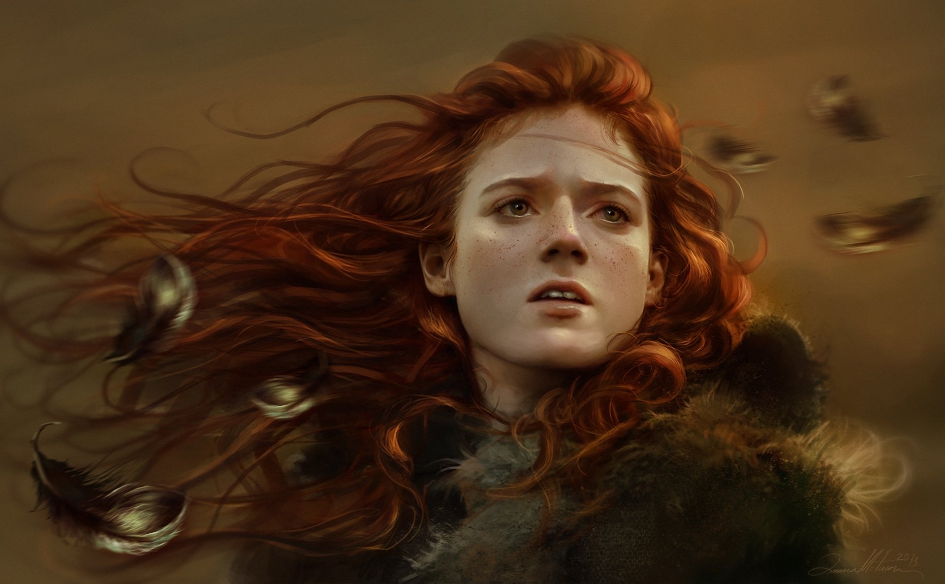 art game of thrones ygritte girl face red freckles feather