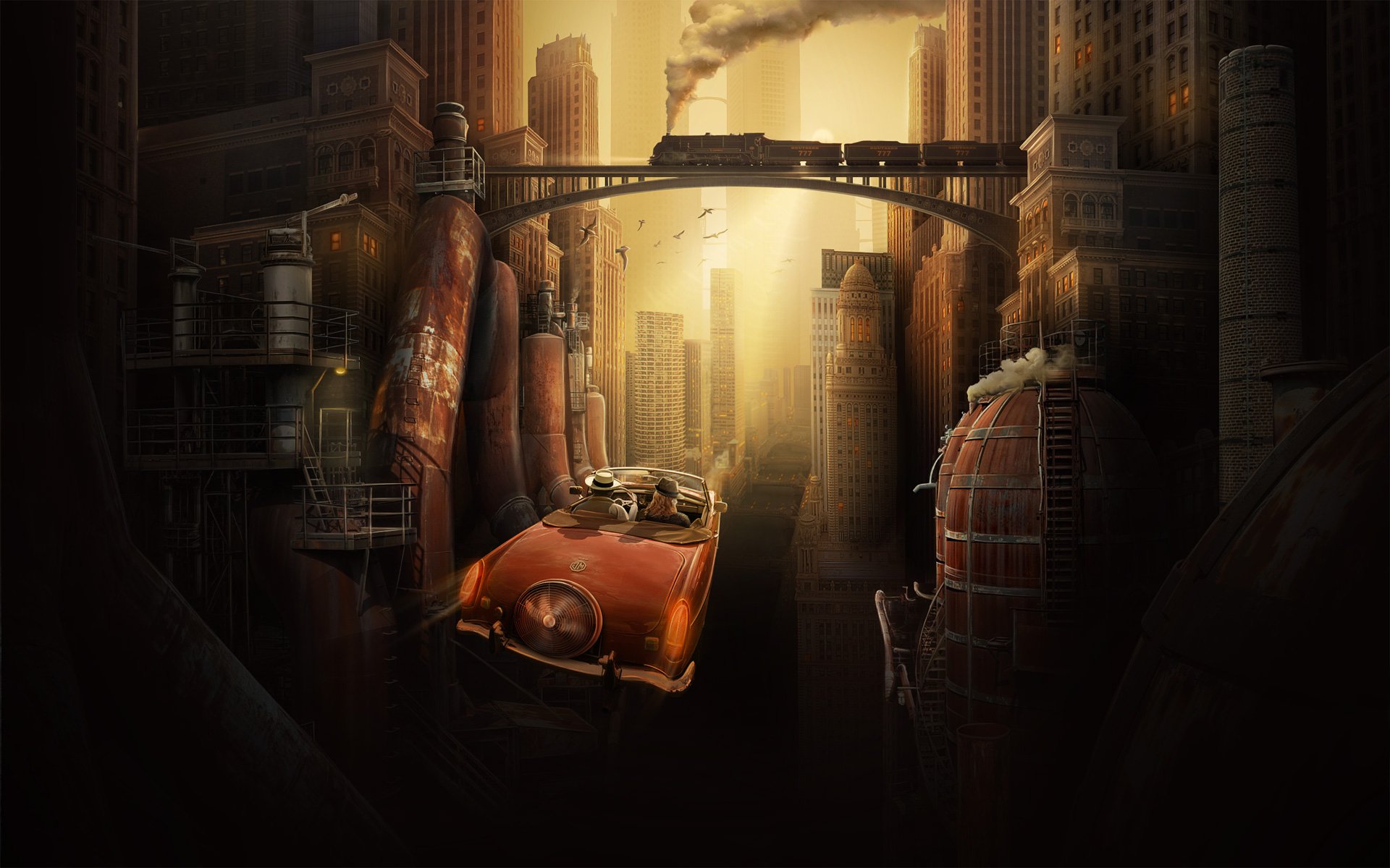 town future metropolis fantasy car retro train bridge house buildings skyscraper of the tube pairs metal grunge