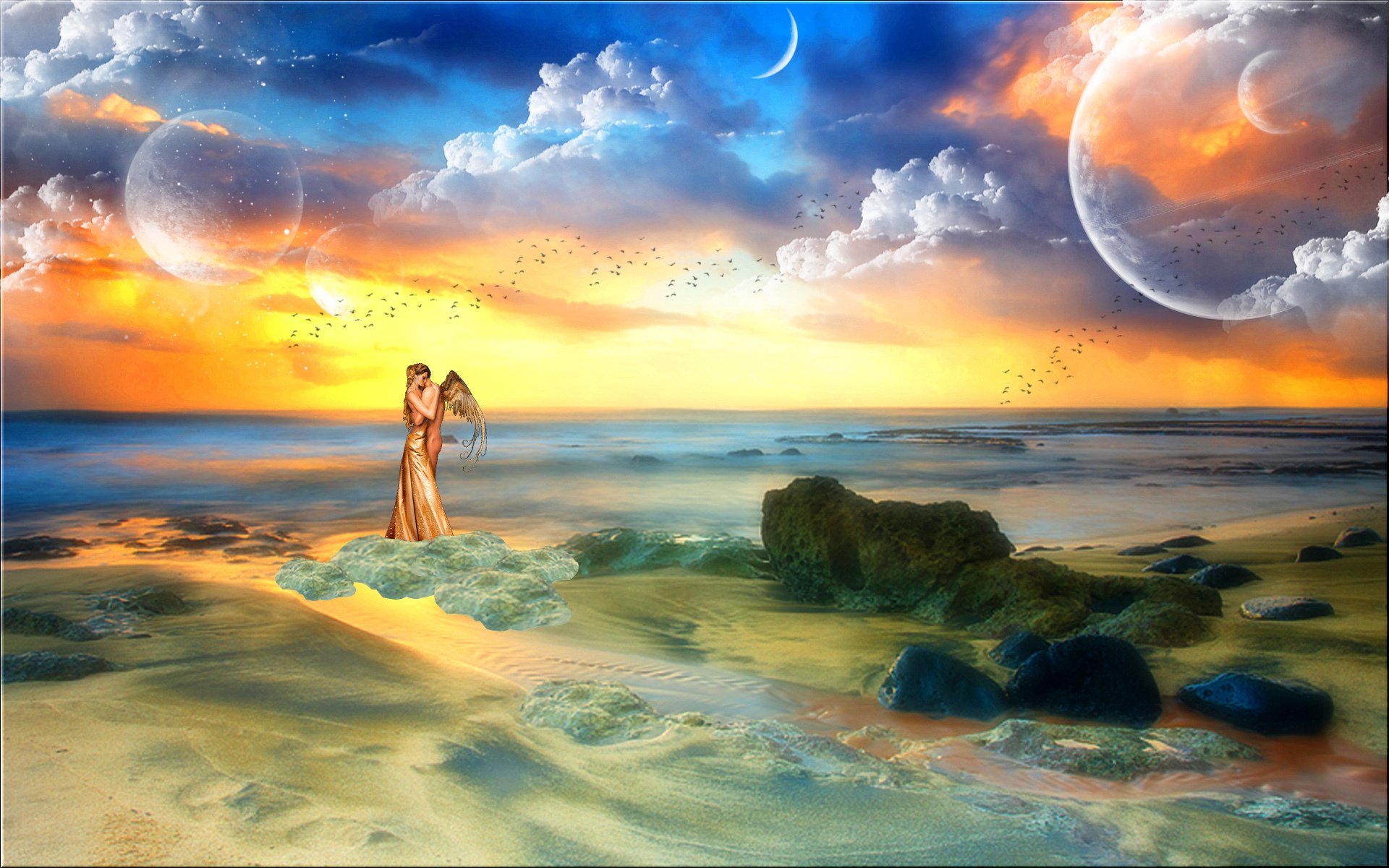 fiction love angel guy girl man wings hug sea ocean stones world sky clouds birds horizon