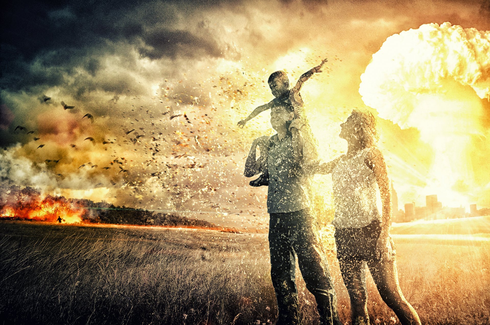 the field wasteland war nuclear explosion family people