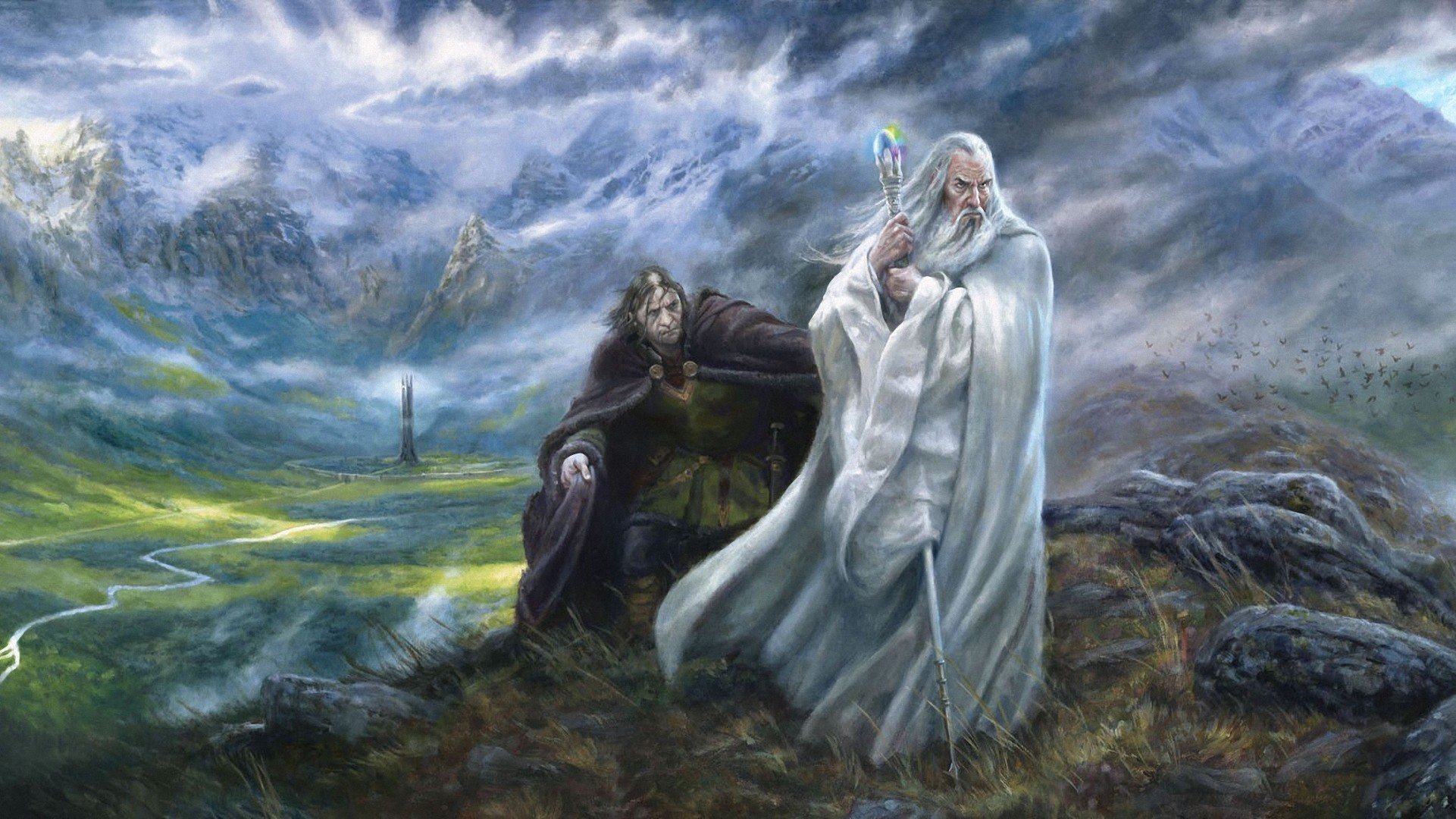 art seigneur des anneaux saruman grima gniloust eisengard vallée tour montagnes nuages pierres sorcier bâton cristal