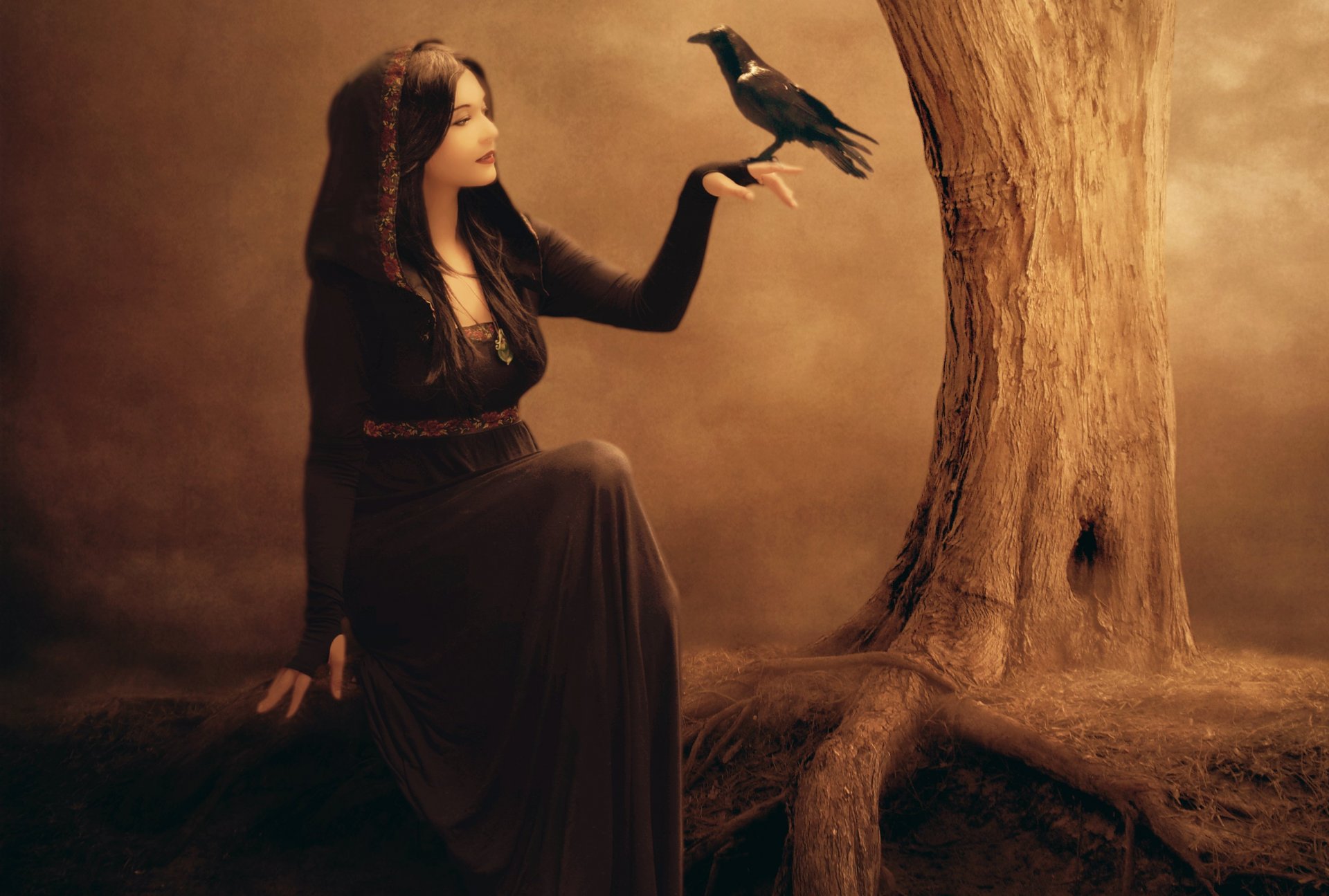 jennifer gelinas fiction art girl witch face section make-up dress hand poultry raven tree