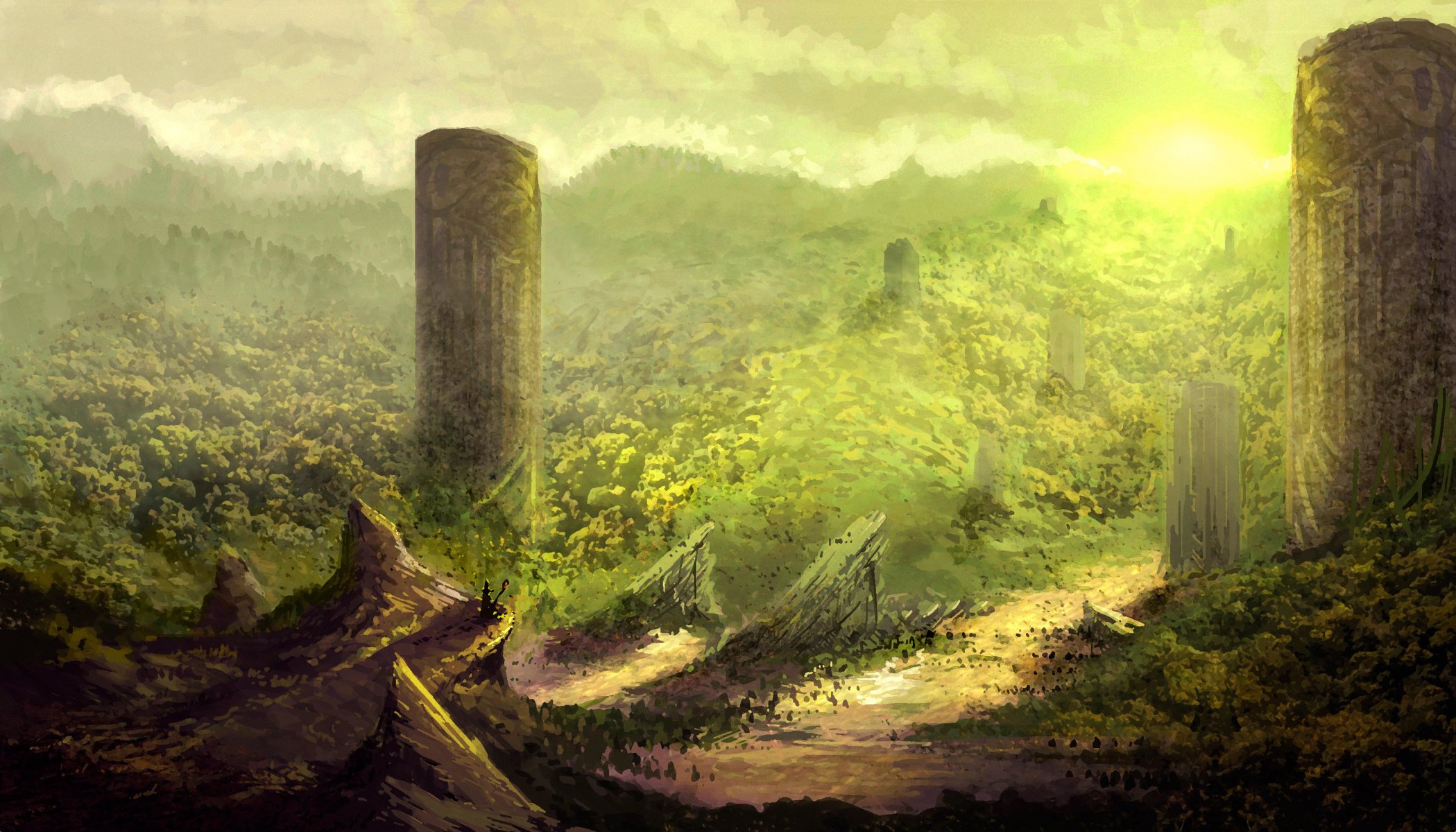 art fantasy world mountain hills column ruin