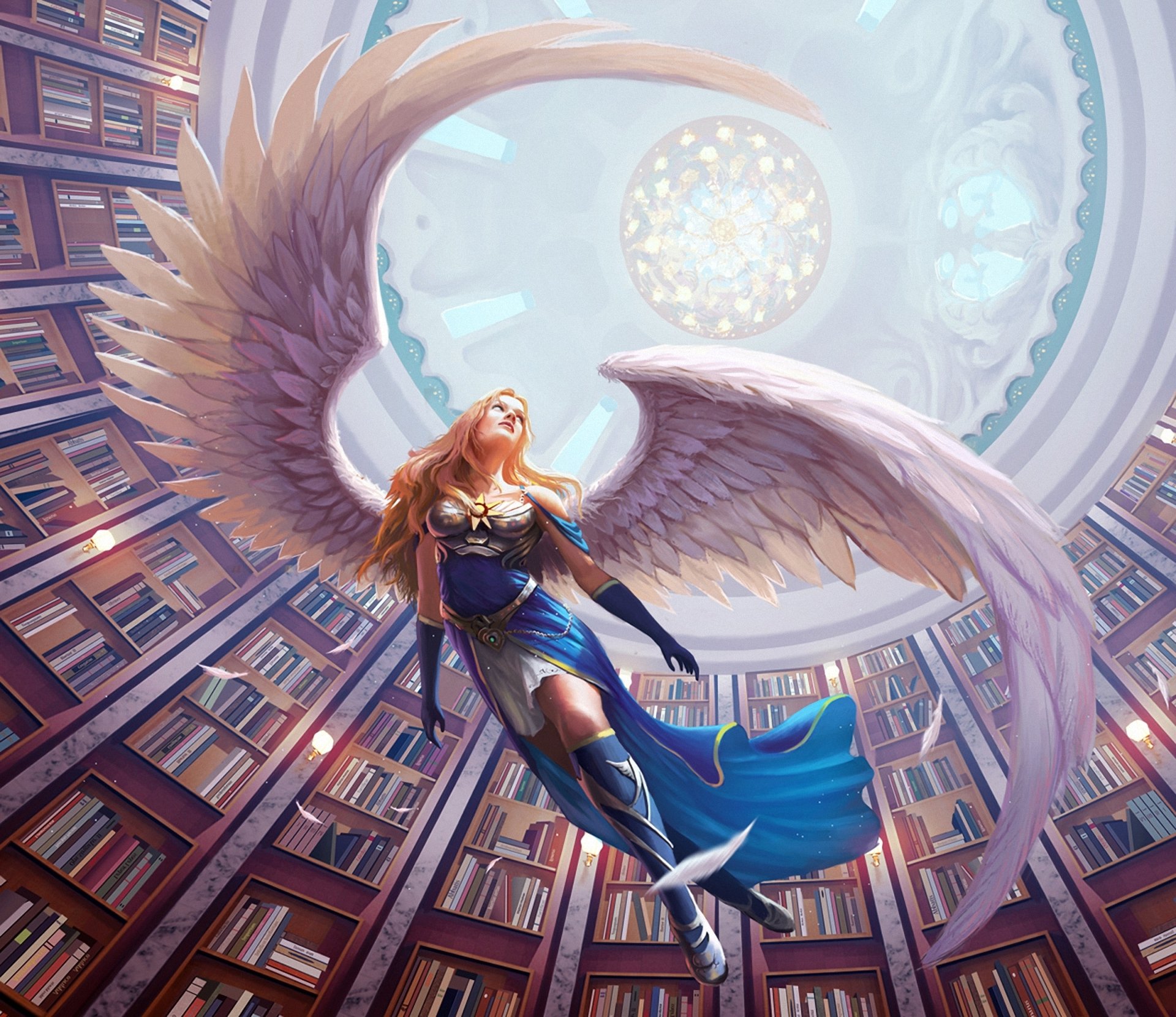 art angel girl library books wings vault feather