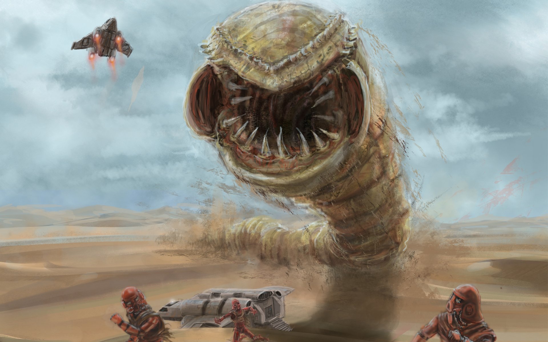 arte shai hulud crónicas de dunas desierto arena dunas gusano personas ataque transporte avión barcos