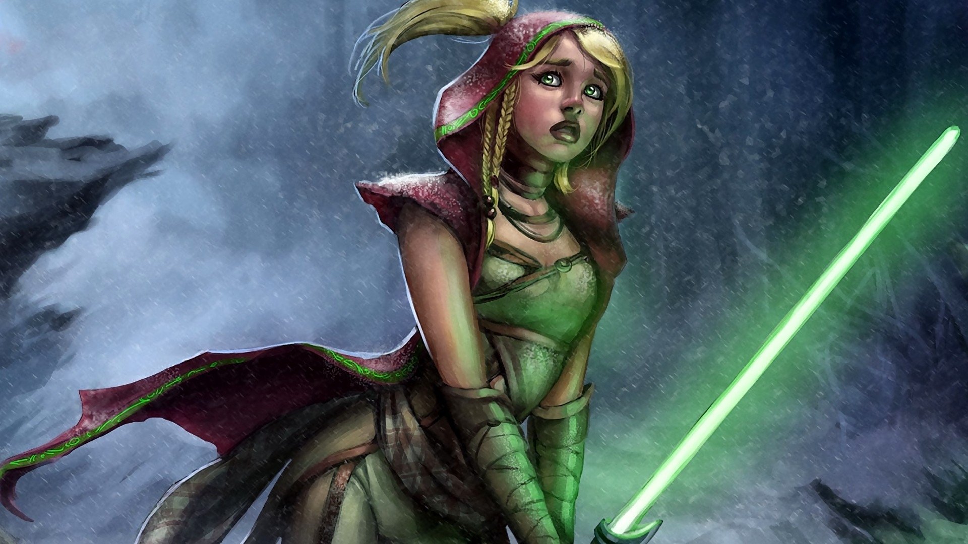 star wars jedi chica sable de luz lluvia