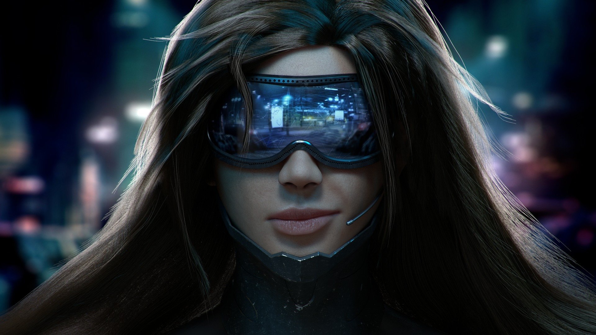 cyberpunk chica cara gafas micrófono pelo sonrisa