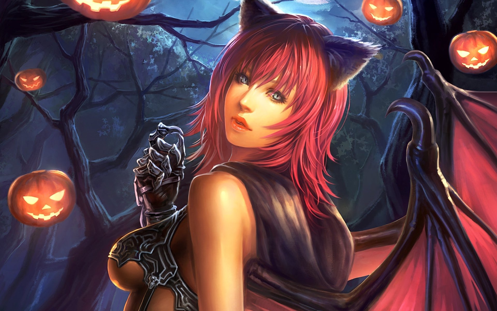 girl succubus ears wings night moon tree pumpkin