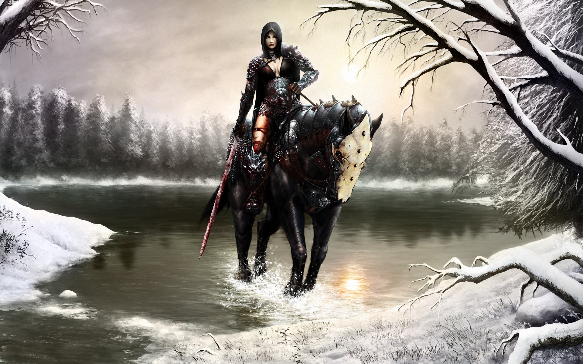 art girl horse winter snow lake sword blood spray forest hood