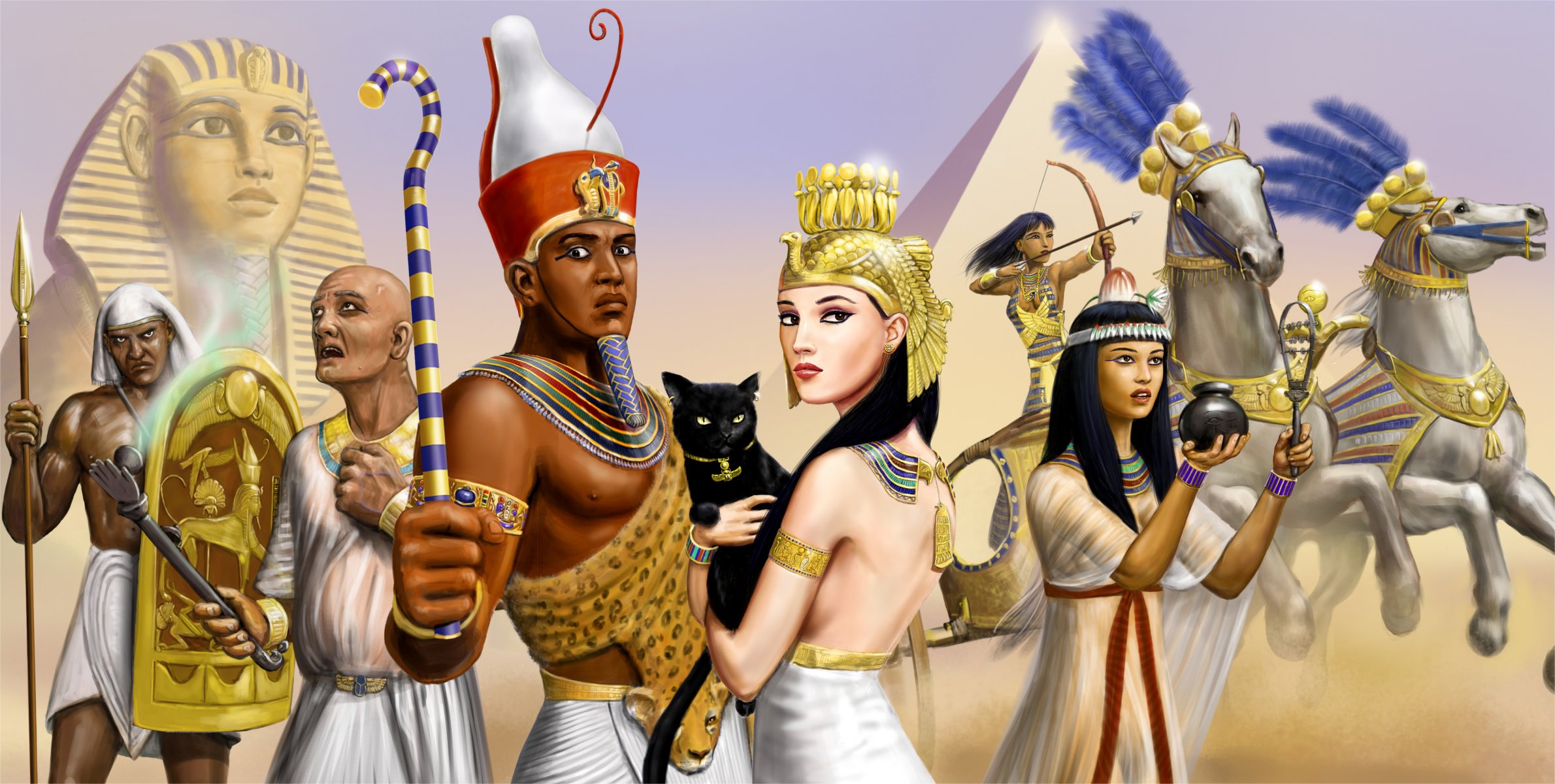 art girls man egypt pharaoh priest warrior sphinx pyramid horses chariot cat