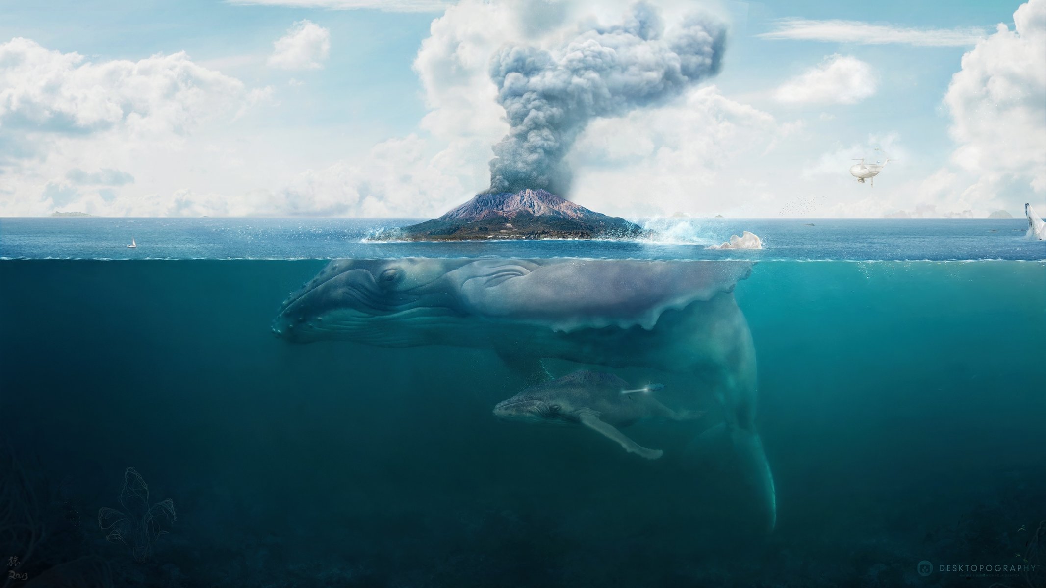 whale art island volcano hq wallpaper desktopography fiction