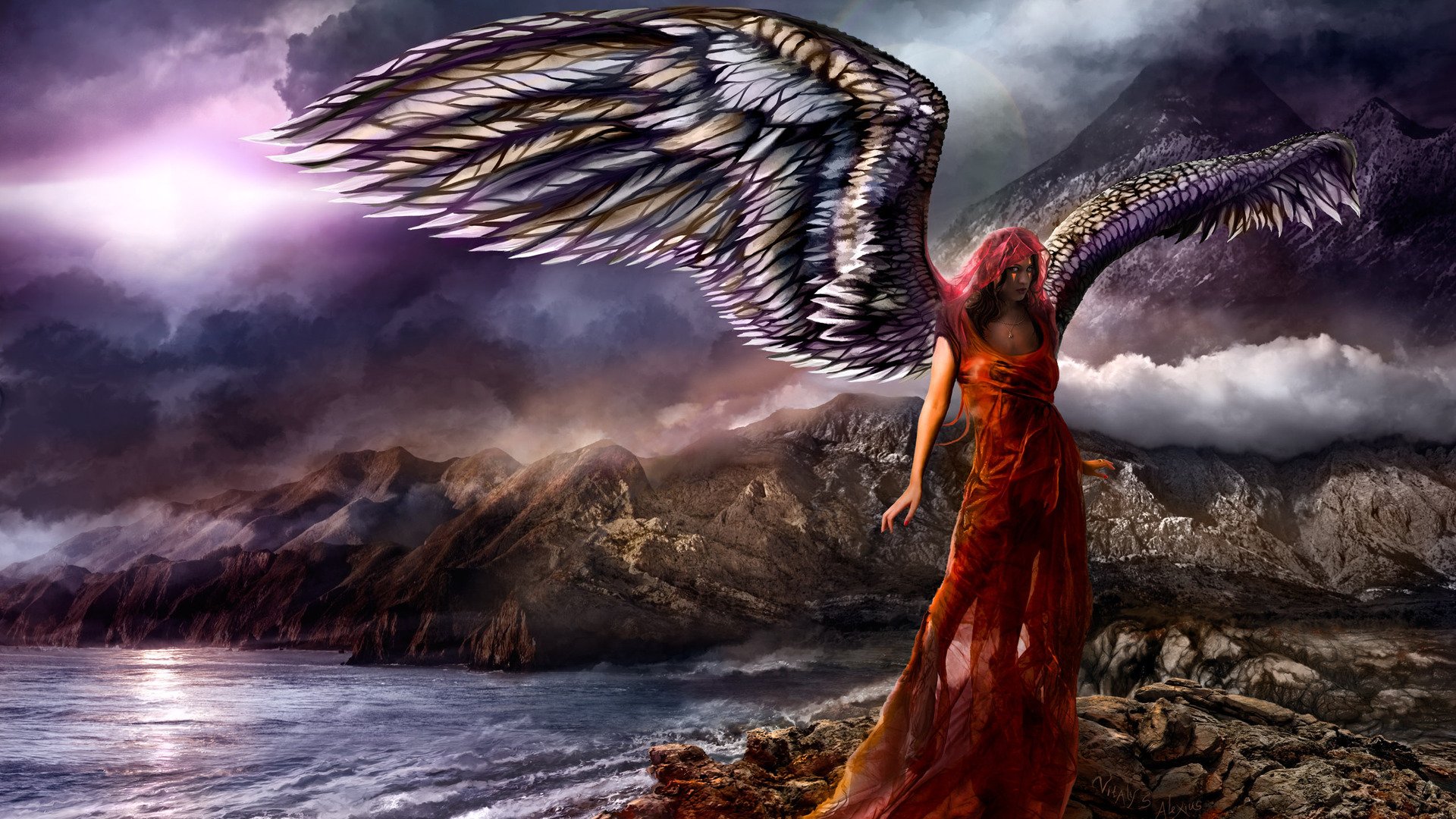 vitaly s. alexius fiction girl angel wings red dress rock mountain water ocean sea sky cloud