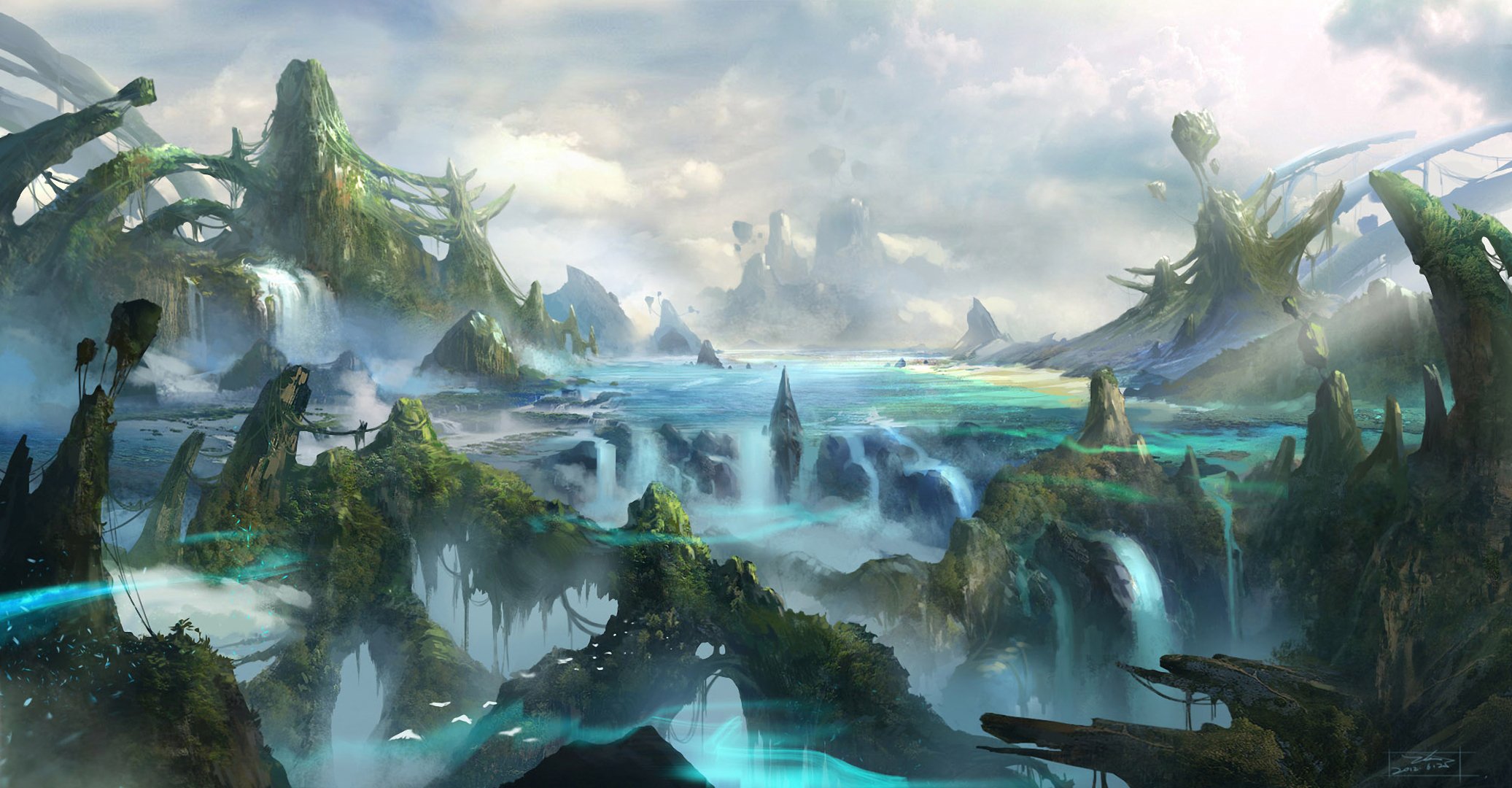 art fantasy world mountain rock waterfall river thickets bird