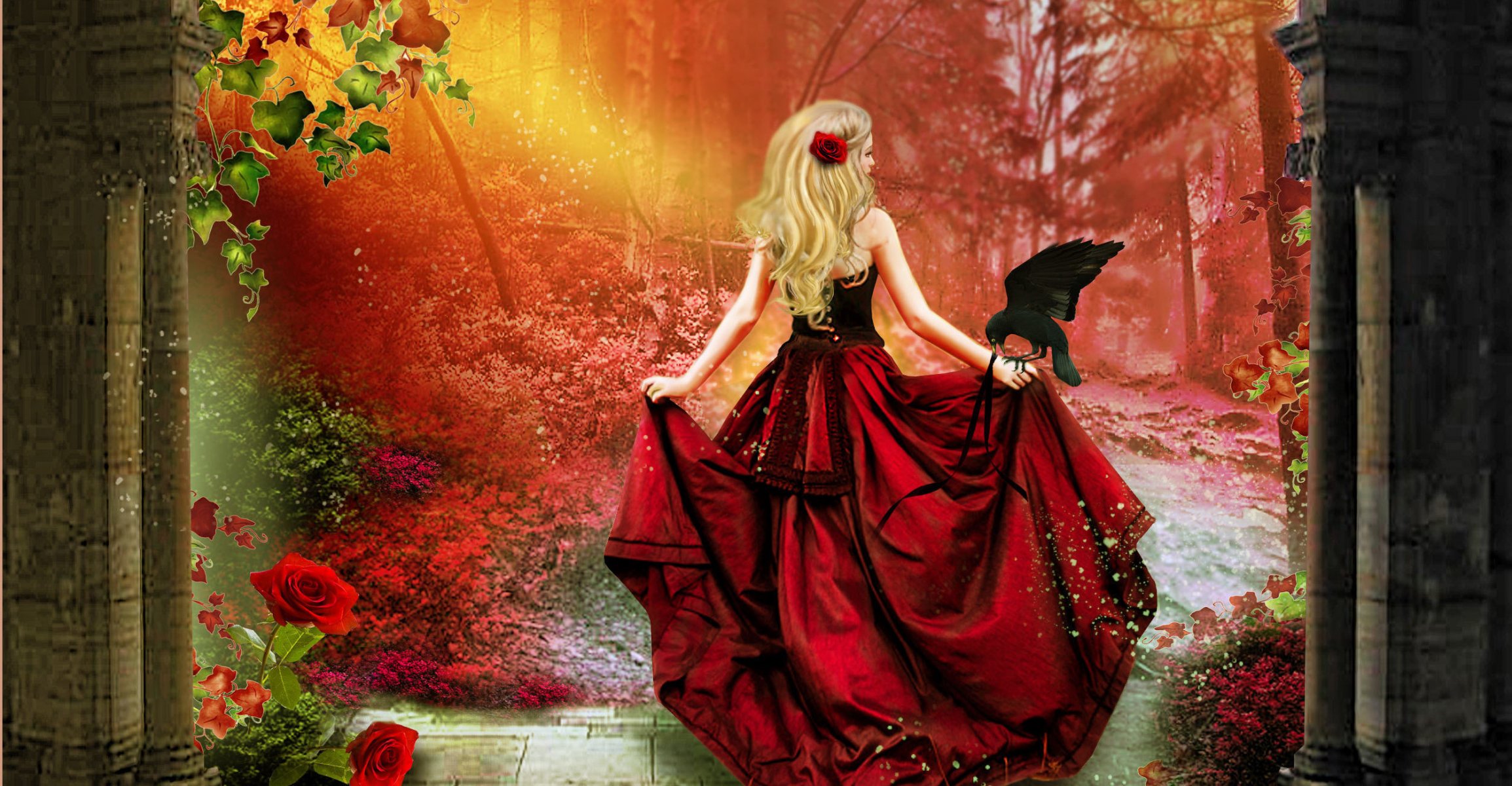 art fille dos robe rouge train corset rose rouge cheveux blond oiseau corbeau fleurs arbres feuilles