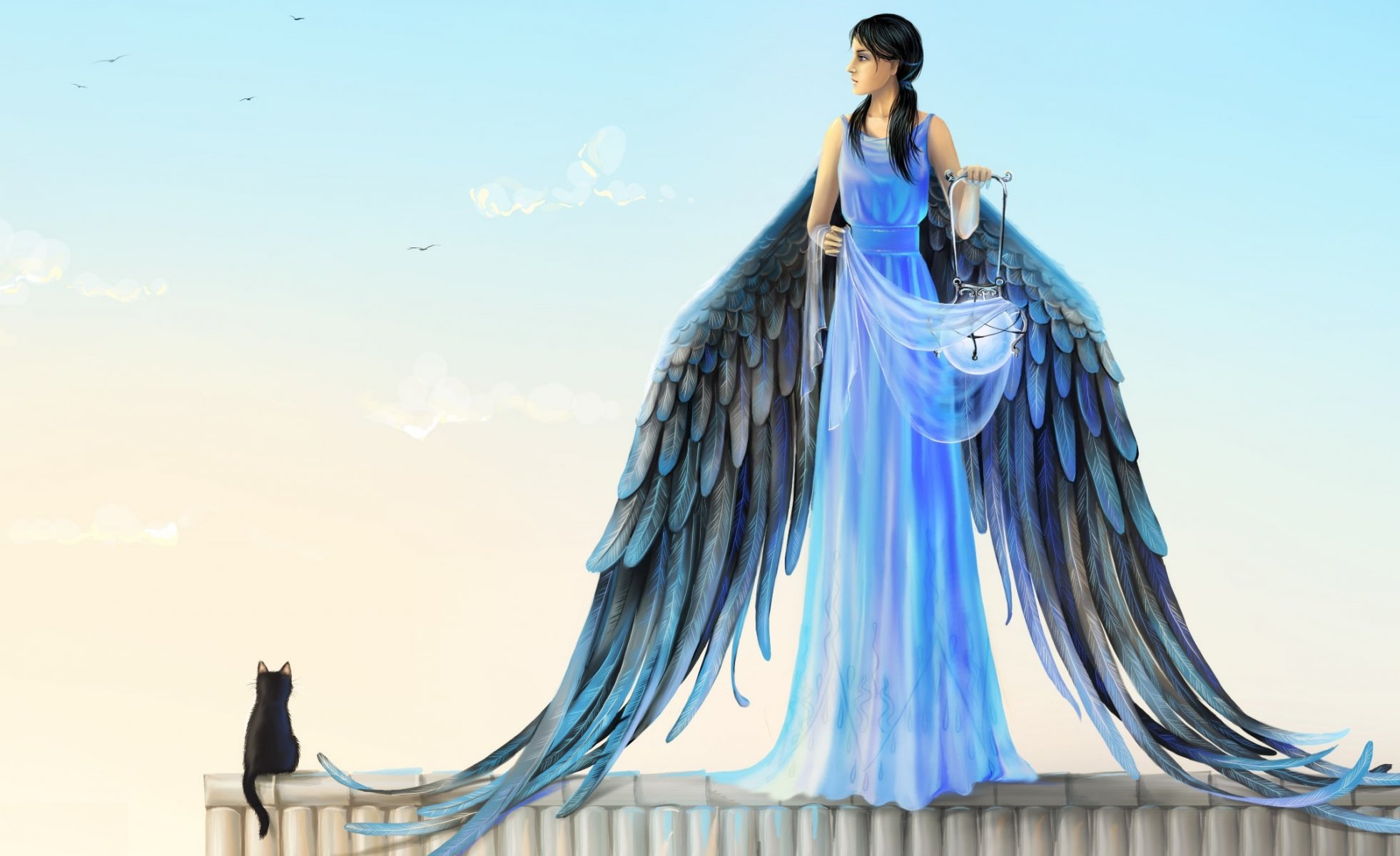 gioia filomena girl angel wings blue dress lantern light profile look black cat roof sky cloud