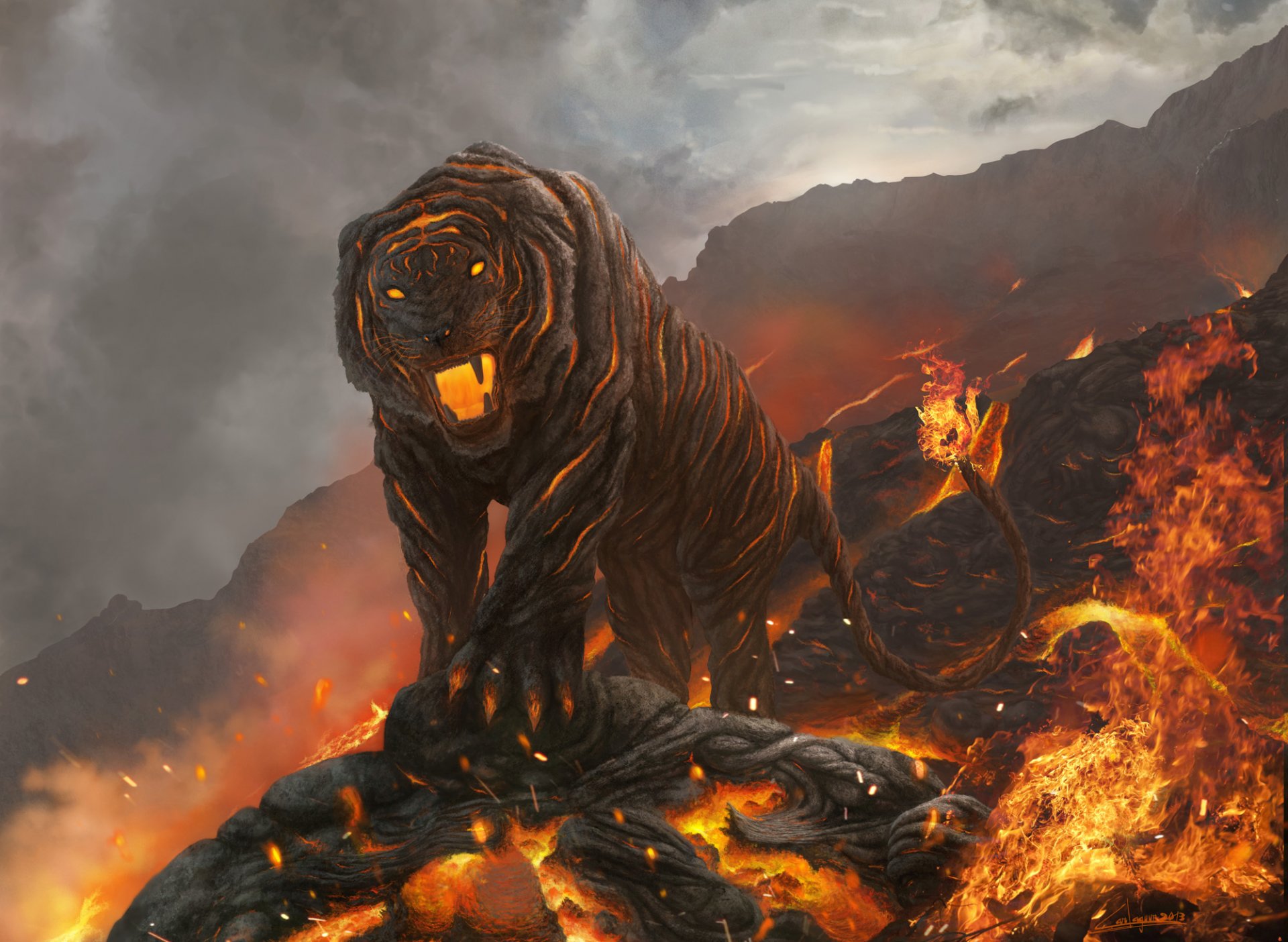 art tiger cat lava fire mountain fall