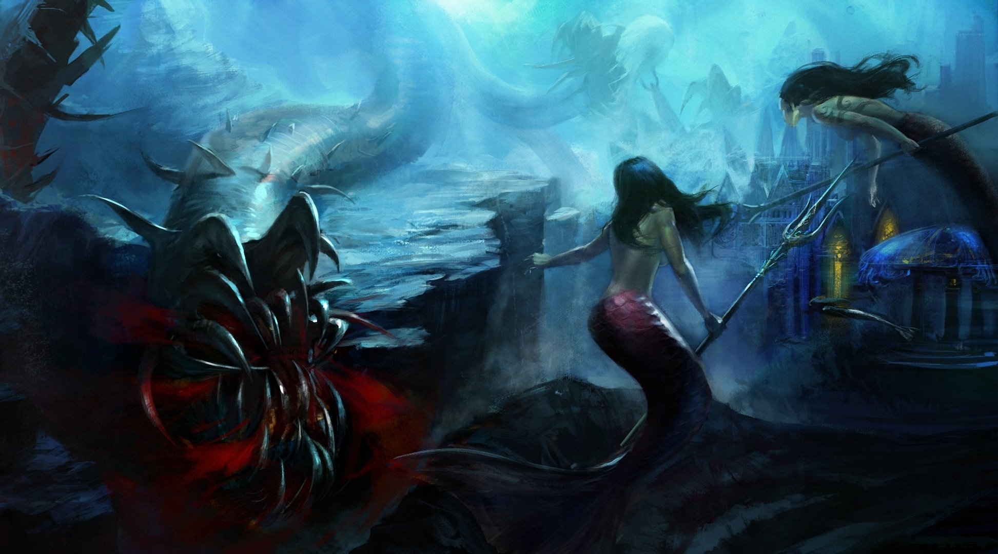 art mazert young under water underwater world monsters fall mermaid weapon trident town rock