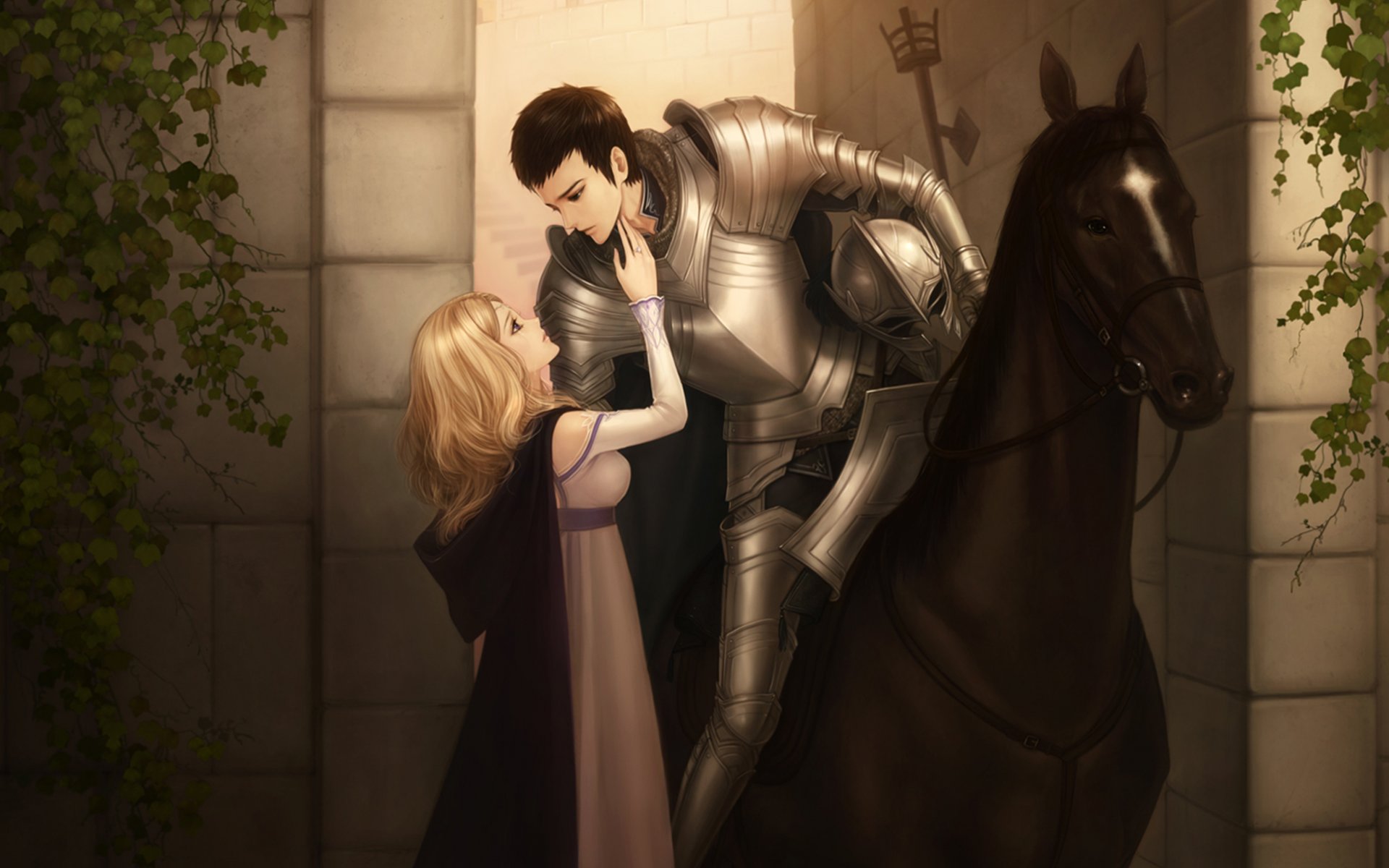 girl men two love knight armour horse