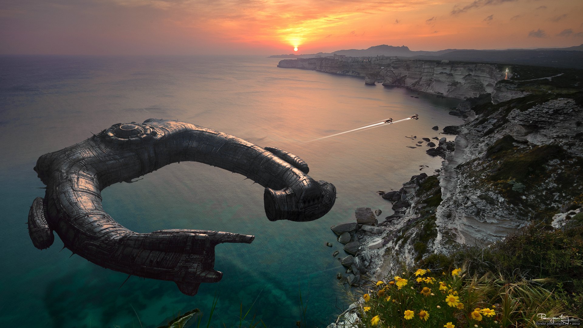 alieni nave spazio alieni stellare alieni prometeo fantini spaziali terra tramonto mare costa costa