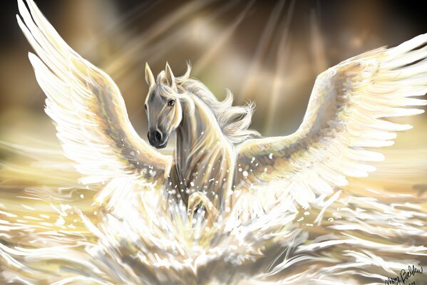 Caballo blanco Pegaso volando sobre el sol