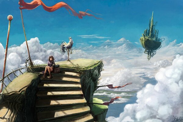 Una ragazza con un uccello seduto sui gradini nel cielo e una nave volante