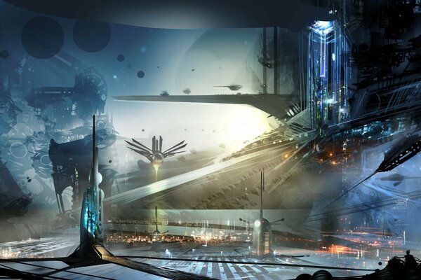Miasto przyszłości ze statkami kosmicznymi na zdjęciu