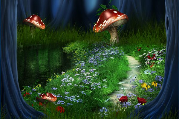 Red fly agarics by the river with banks of green grass with different colors and blue trees