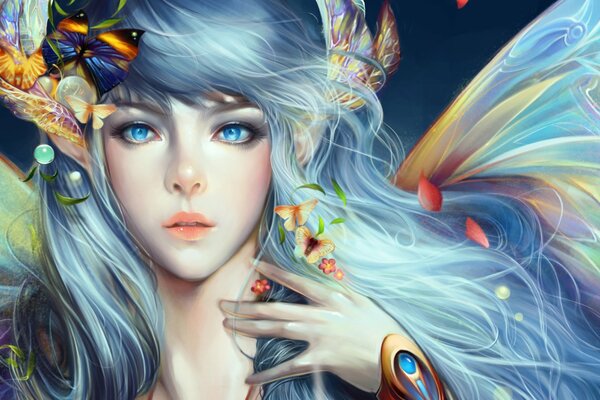 A girl with silver hair and butterflies