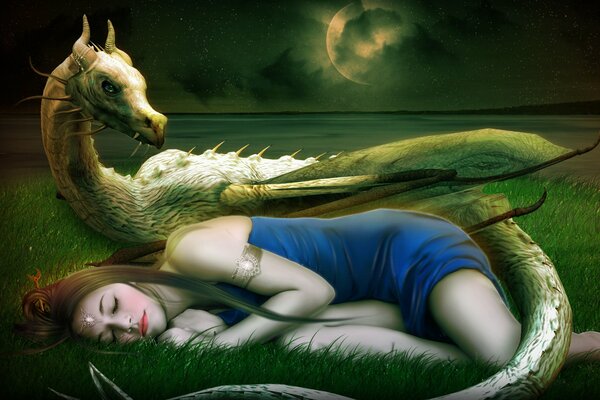 A girl sleeping on the grass and a dragon guarding her sleep