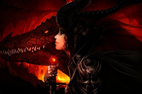 Fille avec un dragon dans un ton rouge foncé