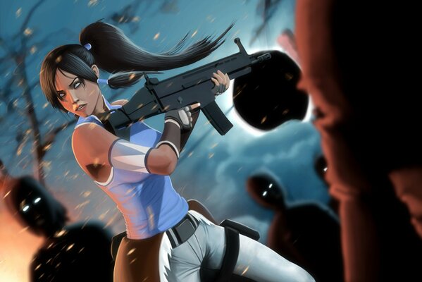 Korra from Avatar in Zombie apocalypse with weapons