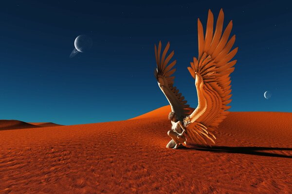 Ángel en la arena en el desierto bajo las estrellas y el cielo azul