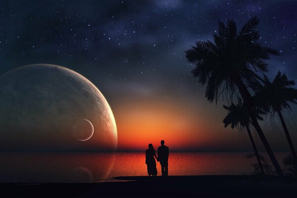 A man and a woman look at the sky with two planets holding hands