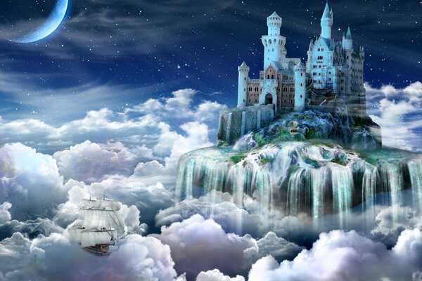 Château de conte de fées dans les nuages et le navire
