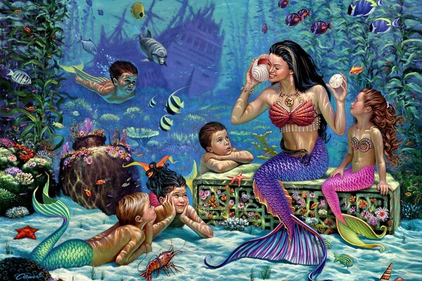 Mermaids and fish on the seabed